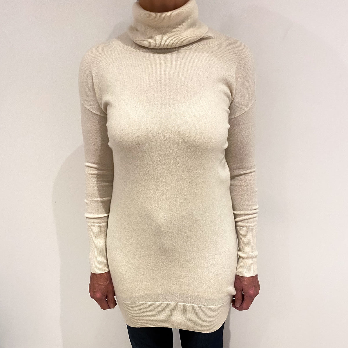 Ivory Cream Cashmere Longline Roll Neck Jumper Medium