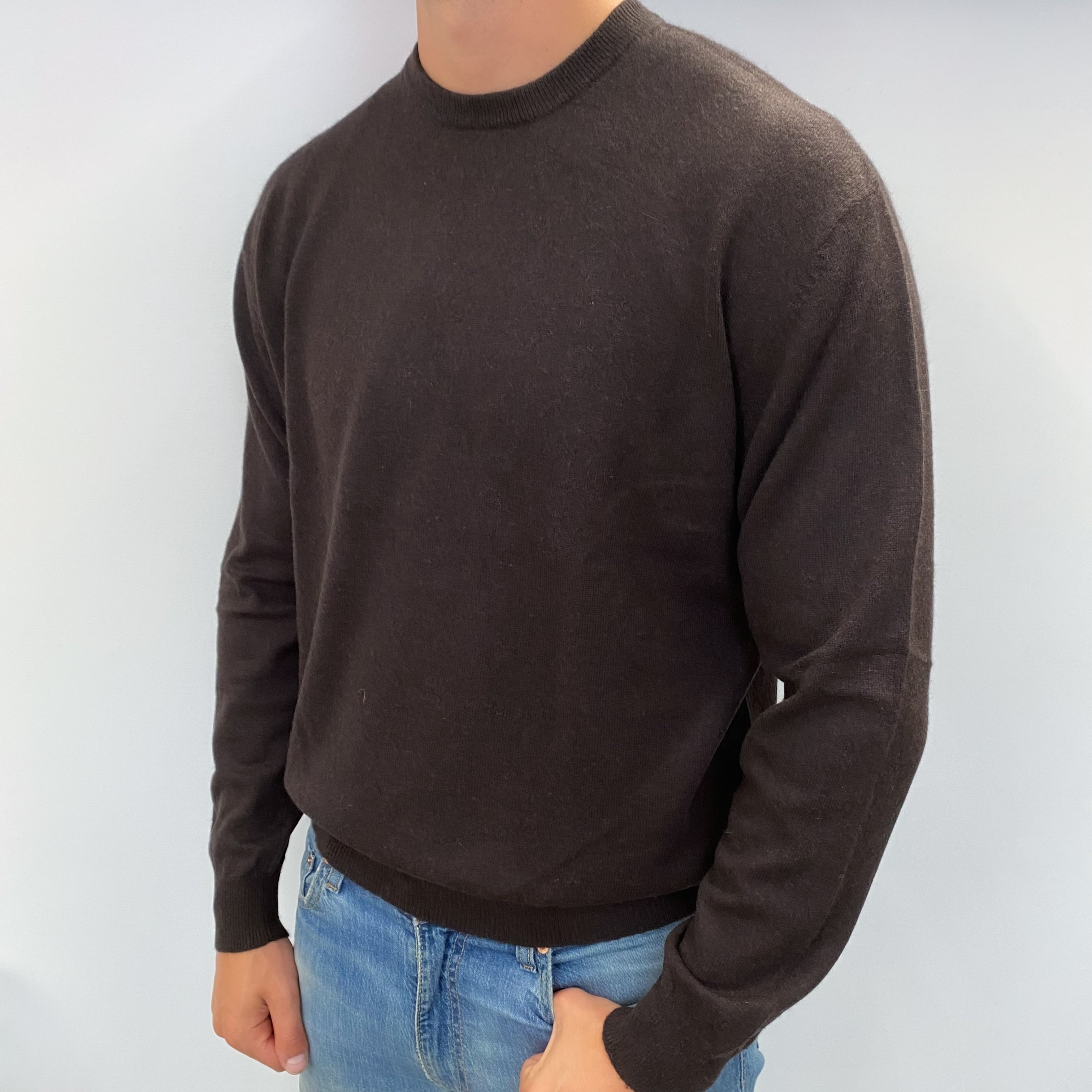 Men's Yorn Peppercorn Brown Cashmere Crew Neck Jumper XXL