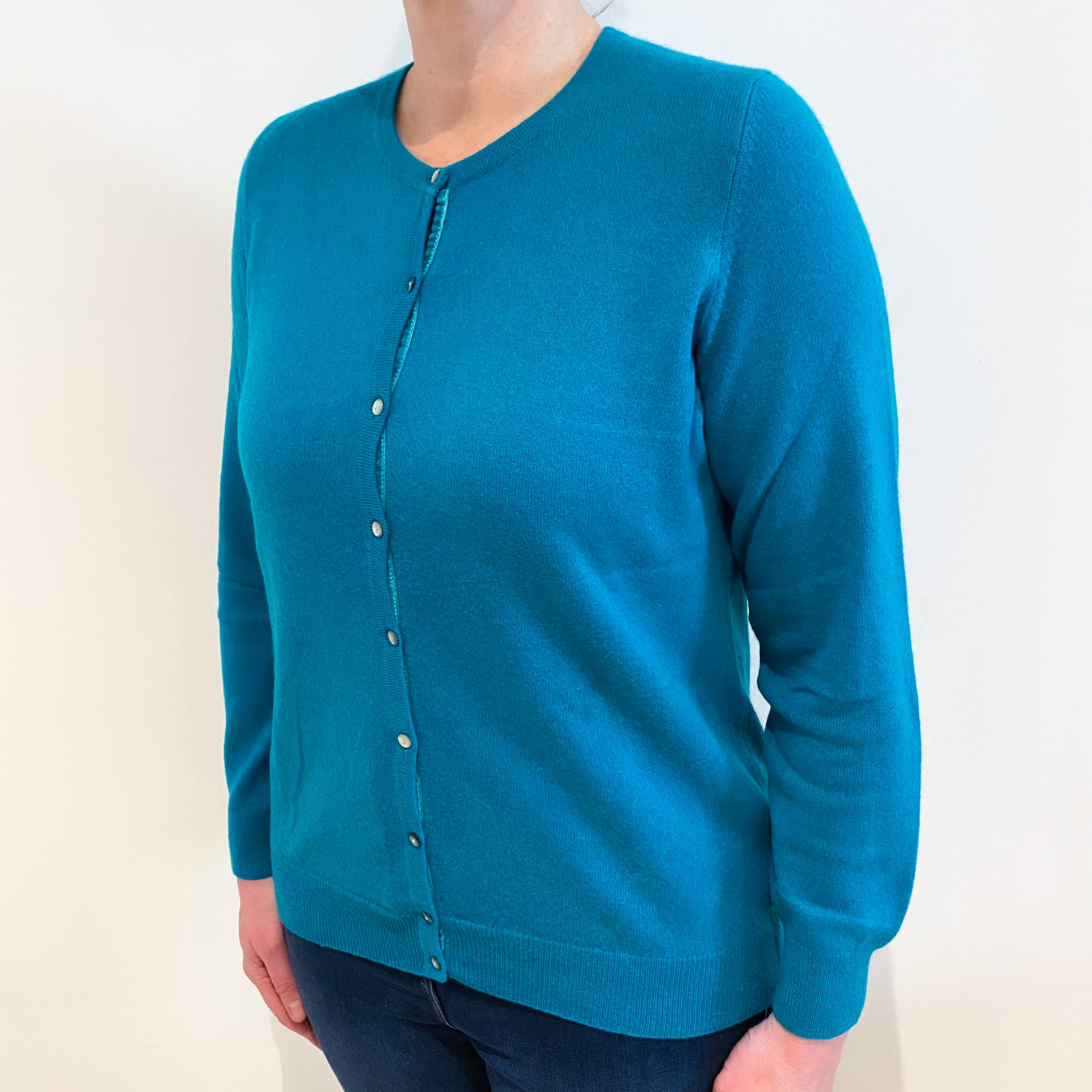 Bright Teal Green Cashmere Crew Neck Cardigan Large