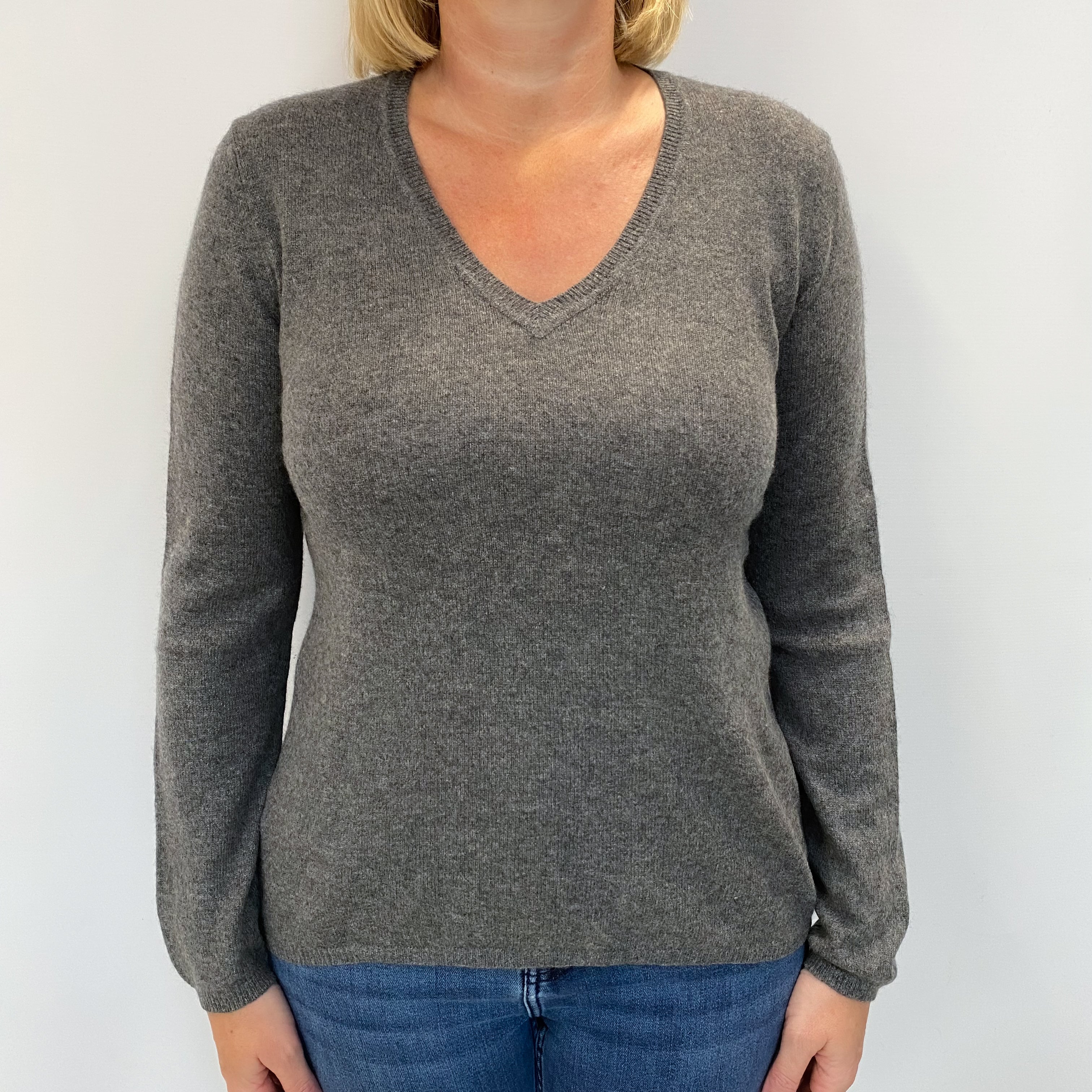 Slate Grey Cashmere V Neck Jumper Large