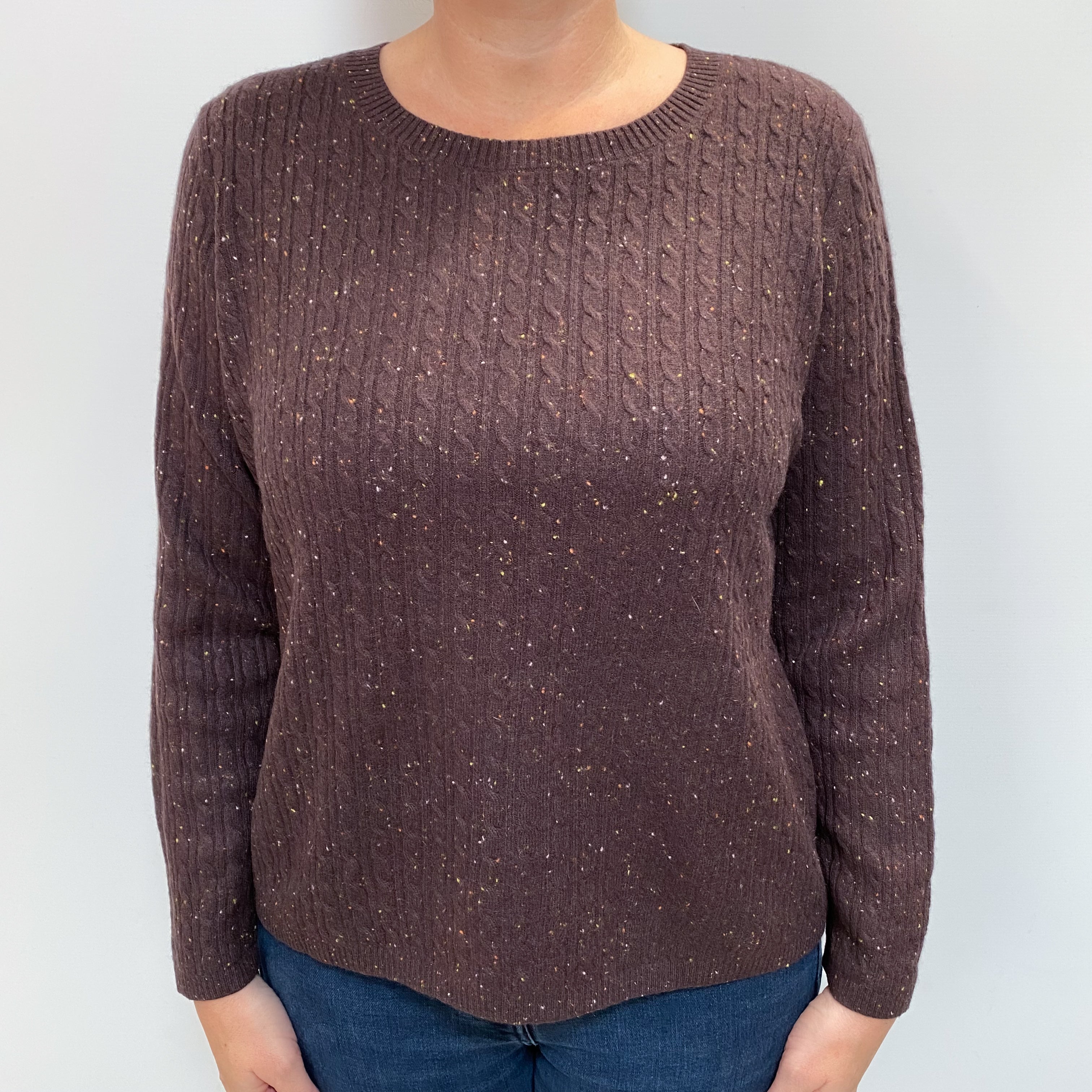 Chocolate Brown Fleck Cashmere Crew Neck Jumper Large