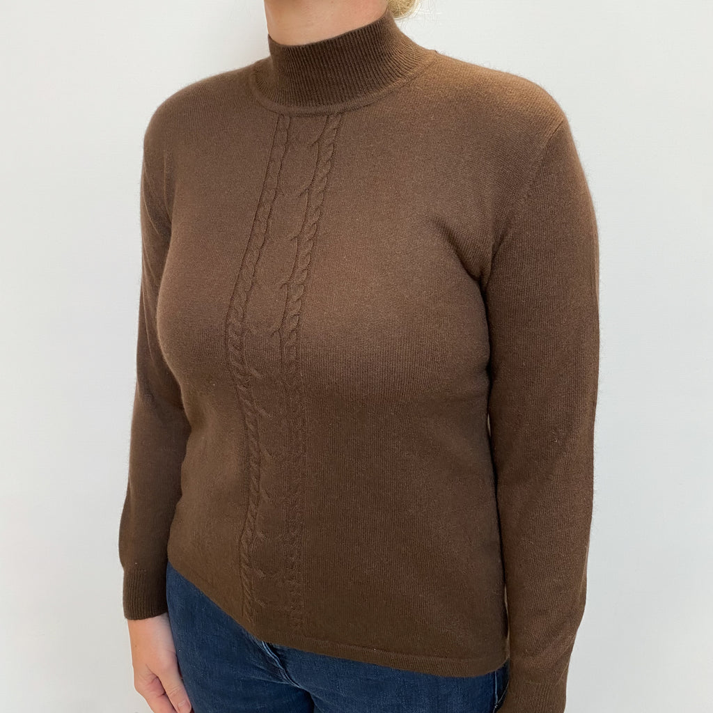Chocolate Brown Cable Detail Cashmere Turtle Neck Jumper Large