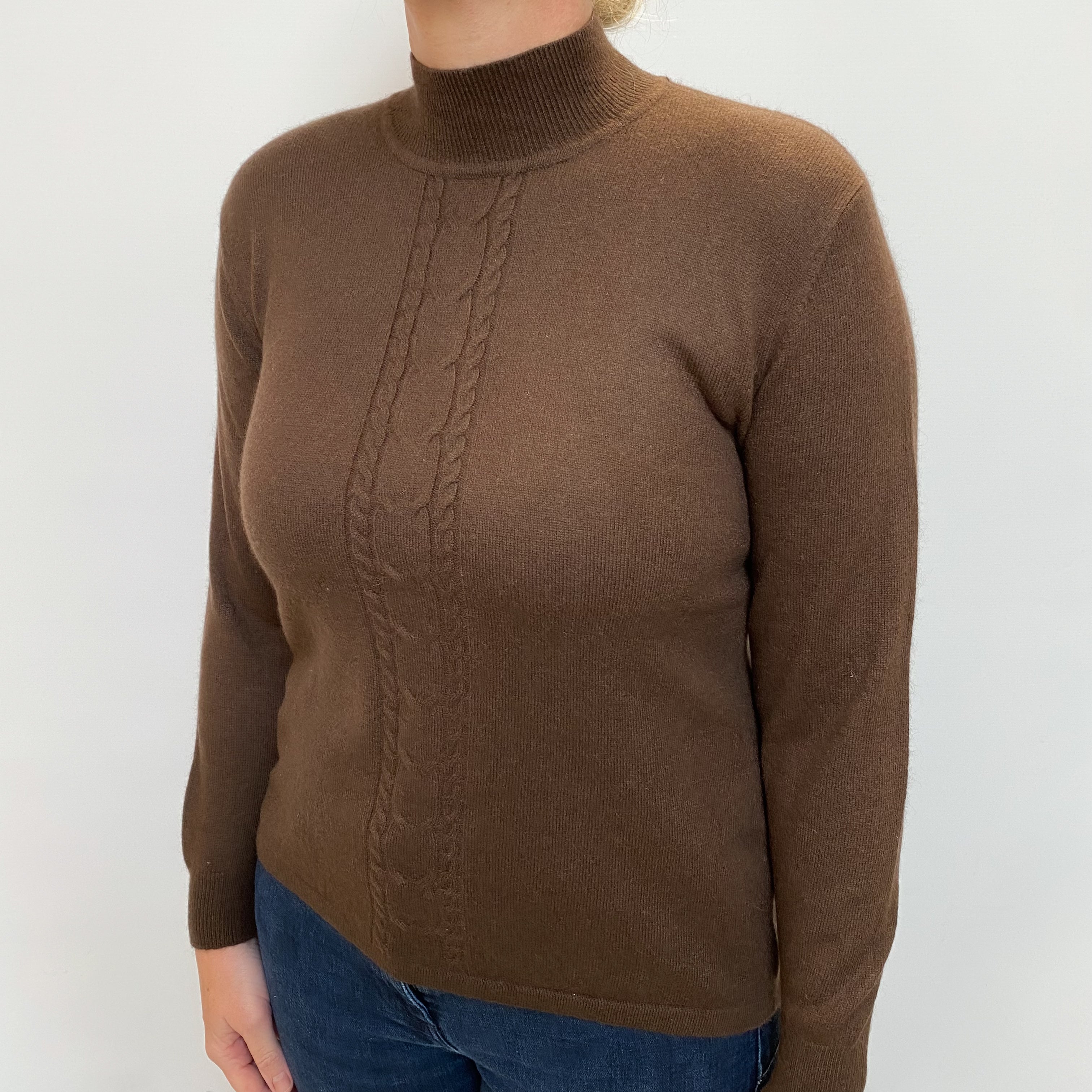 Chocolate Brown Cable Detail Cashmere Turtle Neck Jumper Large