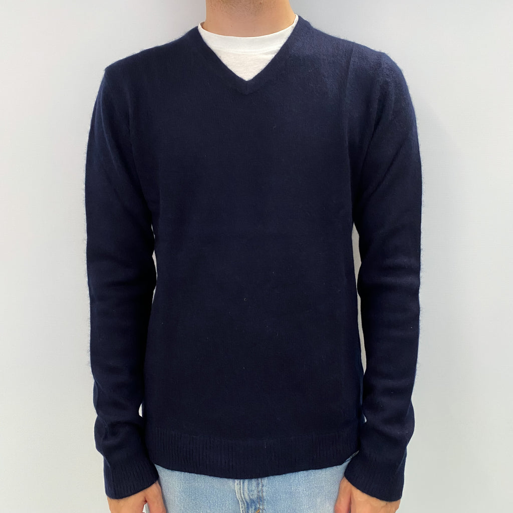 Men's Navy Blue Cashmere V Neck Jumper Medium