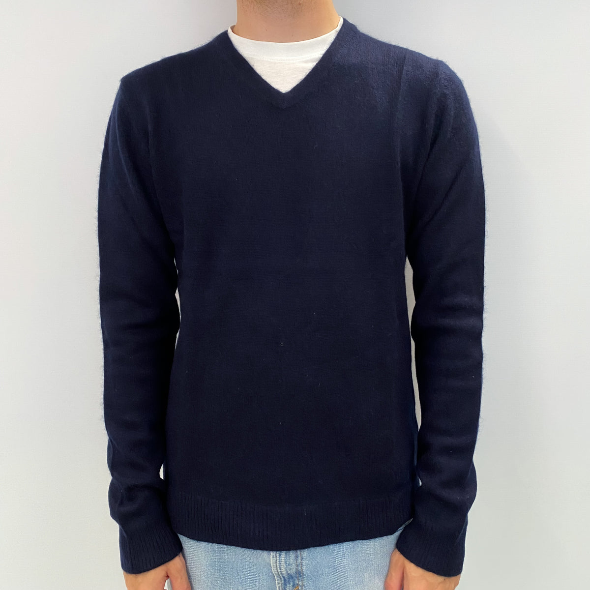 Men's Navy Blue Cashmere V Neck Jumper Medium