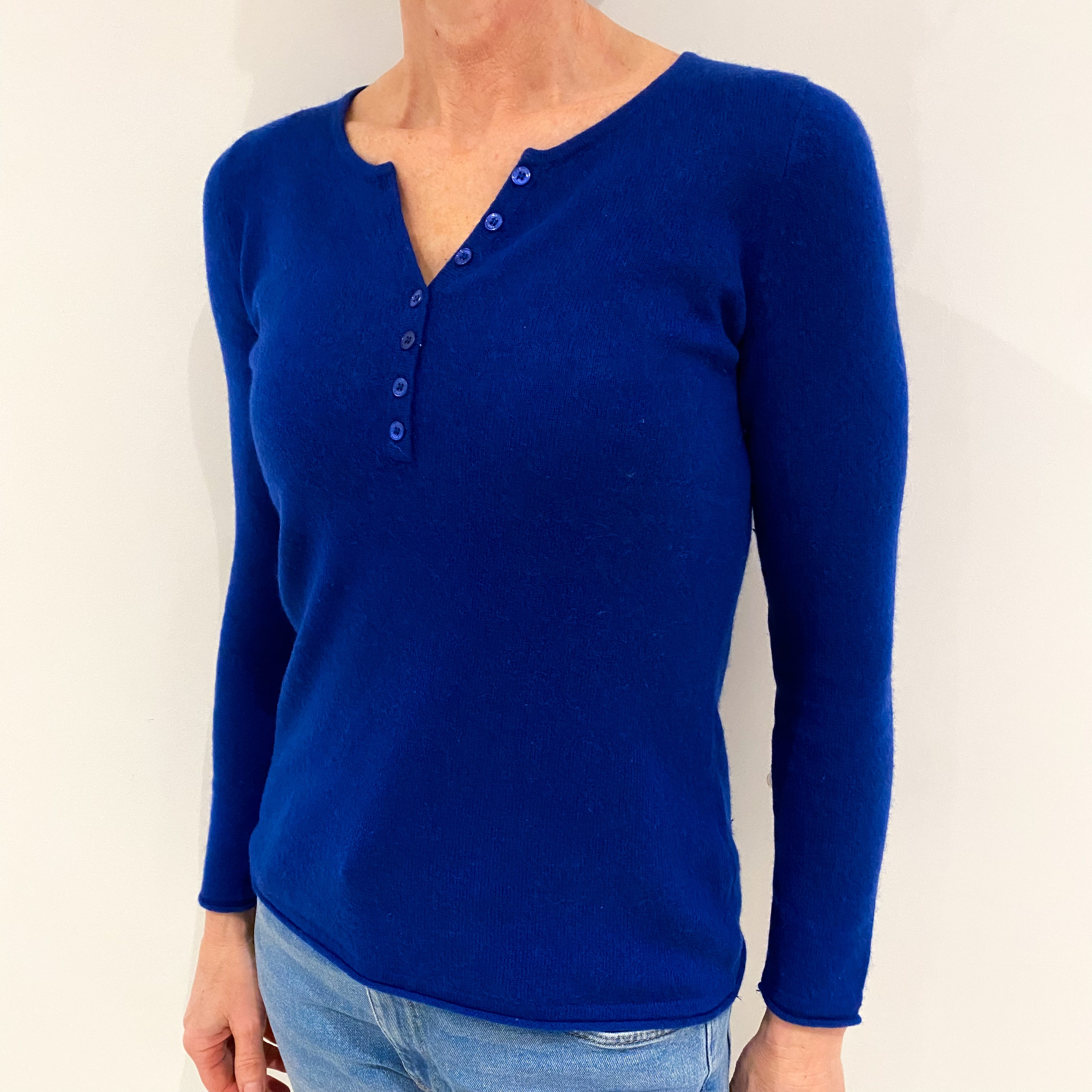 Admiral Blue Cashmere Buttoned V Neck Jumper Small
