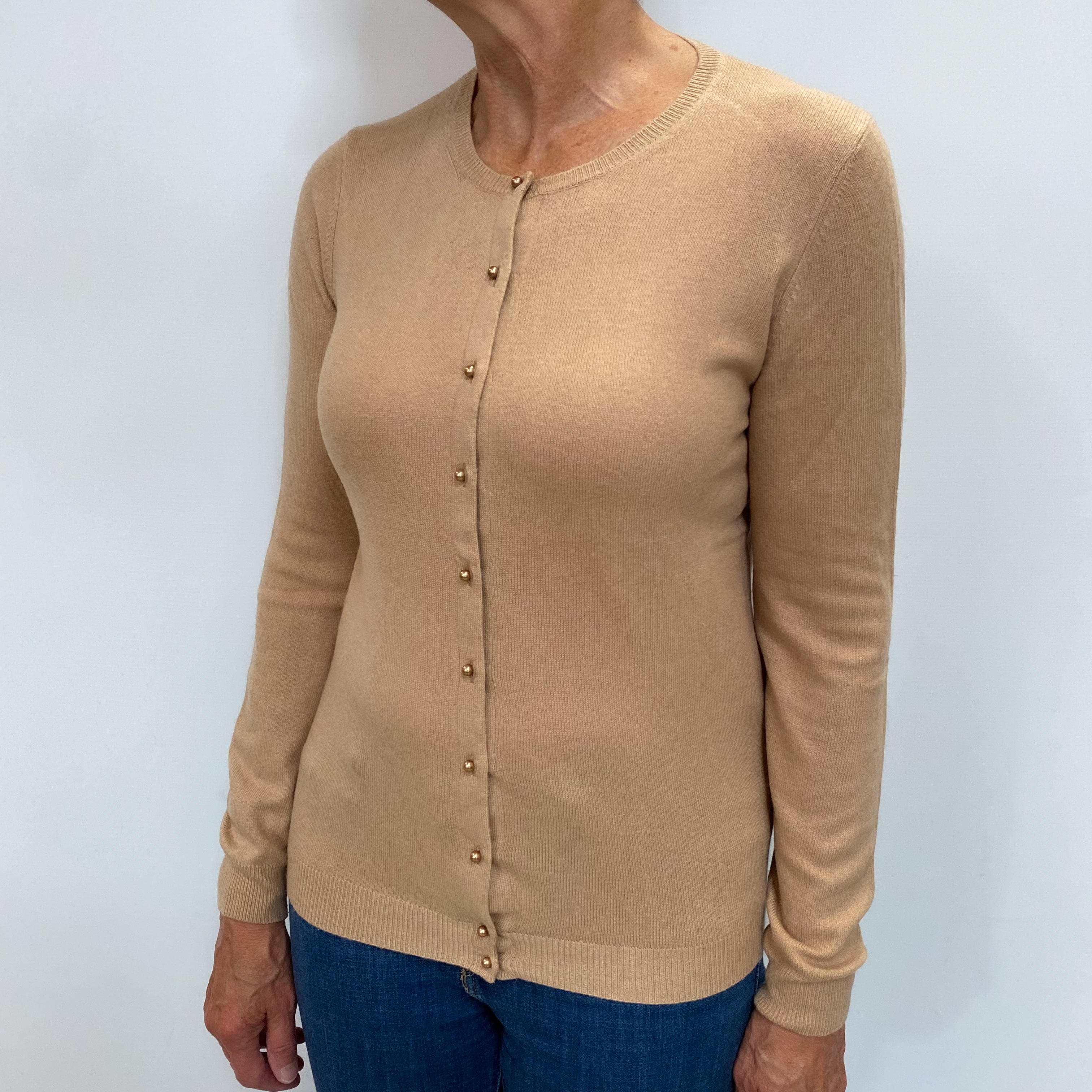 Caramel Brown Cashmere Crew Neck Cardigan Medium
