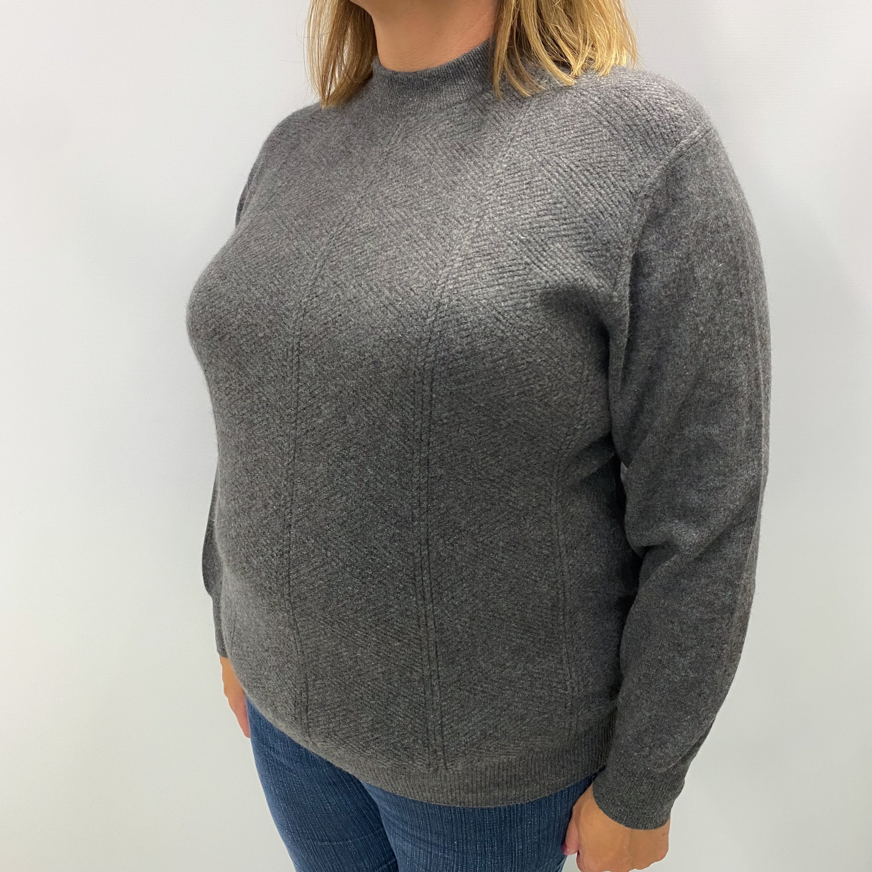 Slate Grey Cashmere Turtle Neck Textured Knit Jumper Extra Large