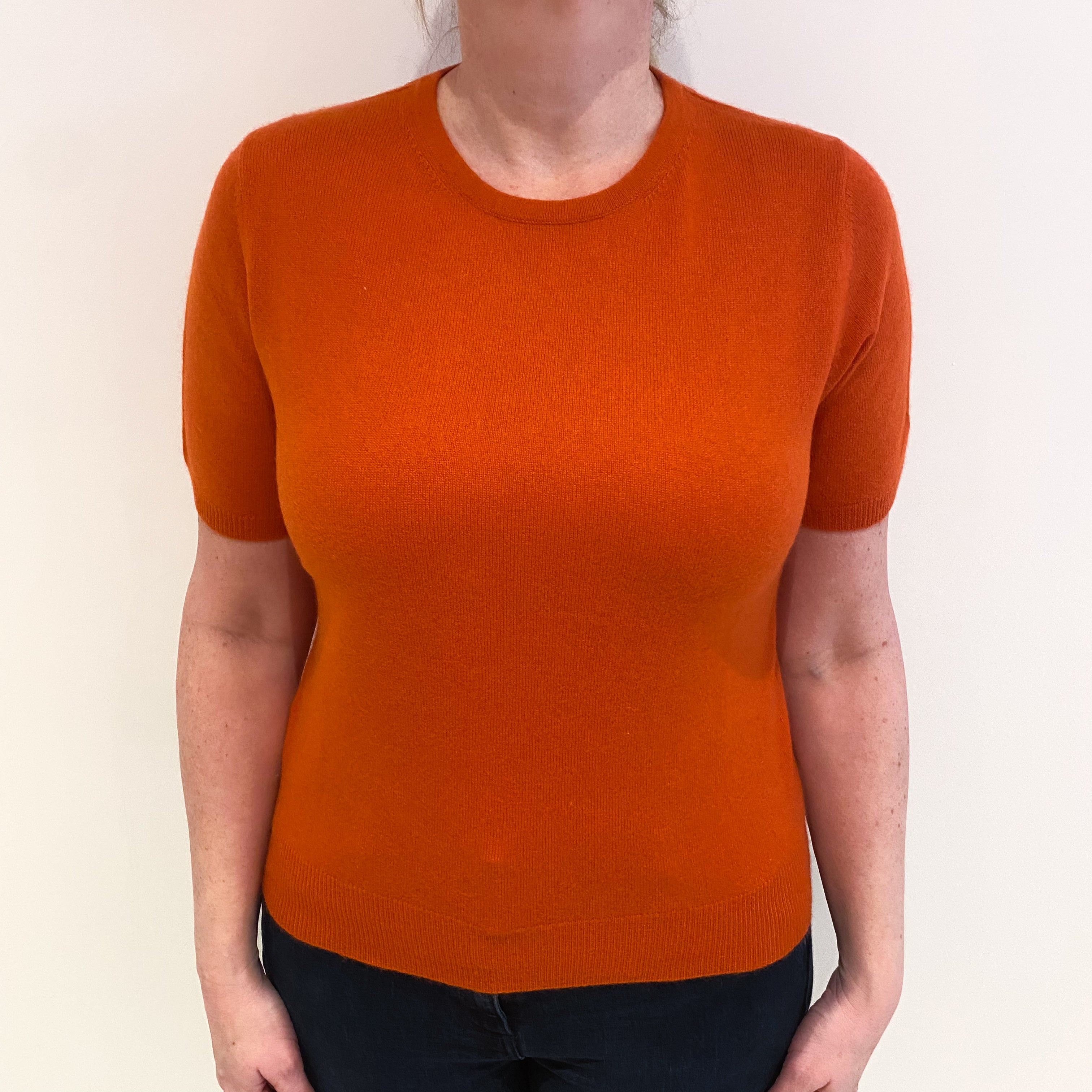 Pumpkin Orange Cashmere Crew Neck Short Sleeved Jumper Large