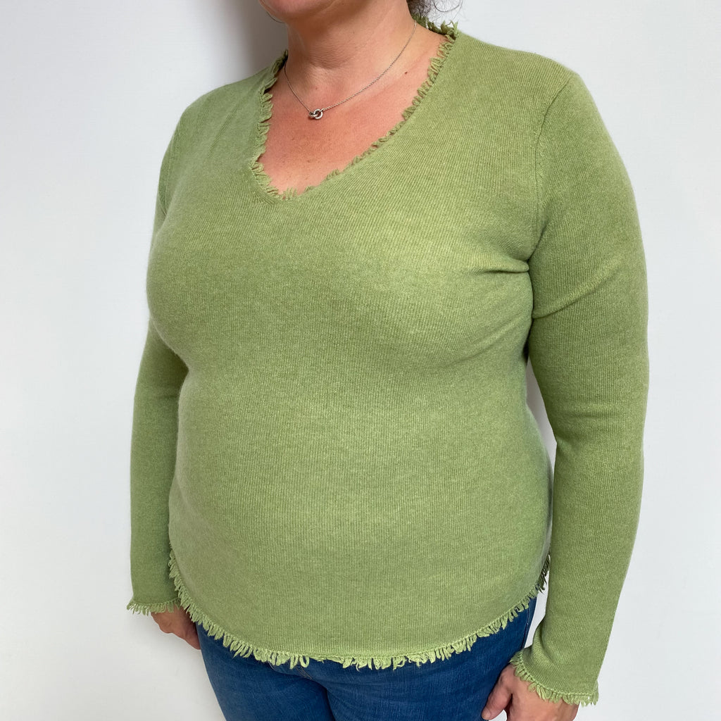 Pear Green Cashmere V Neck Jumper Extra Large