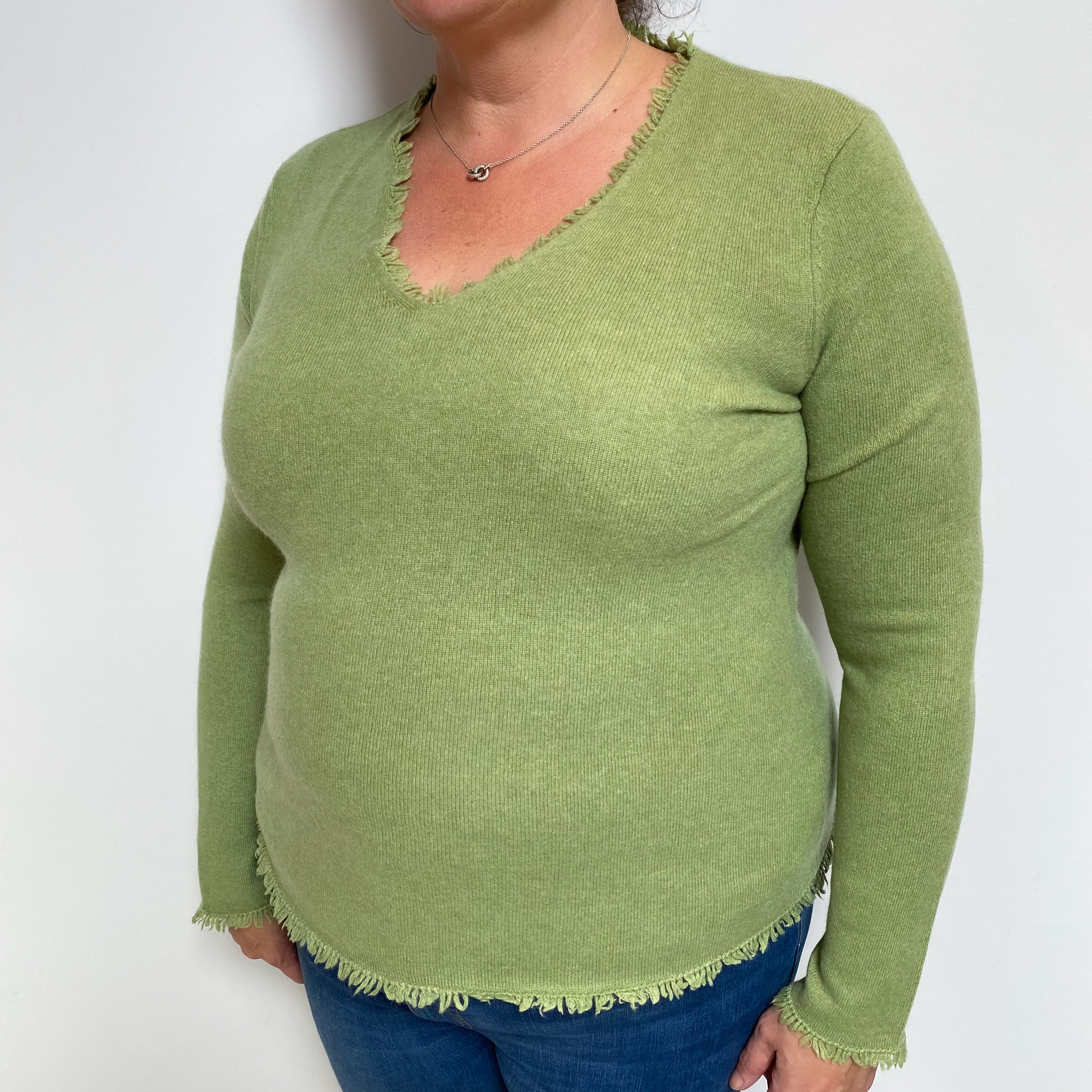 Pear Green Cashmere V Neck Jumper Extra Large