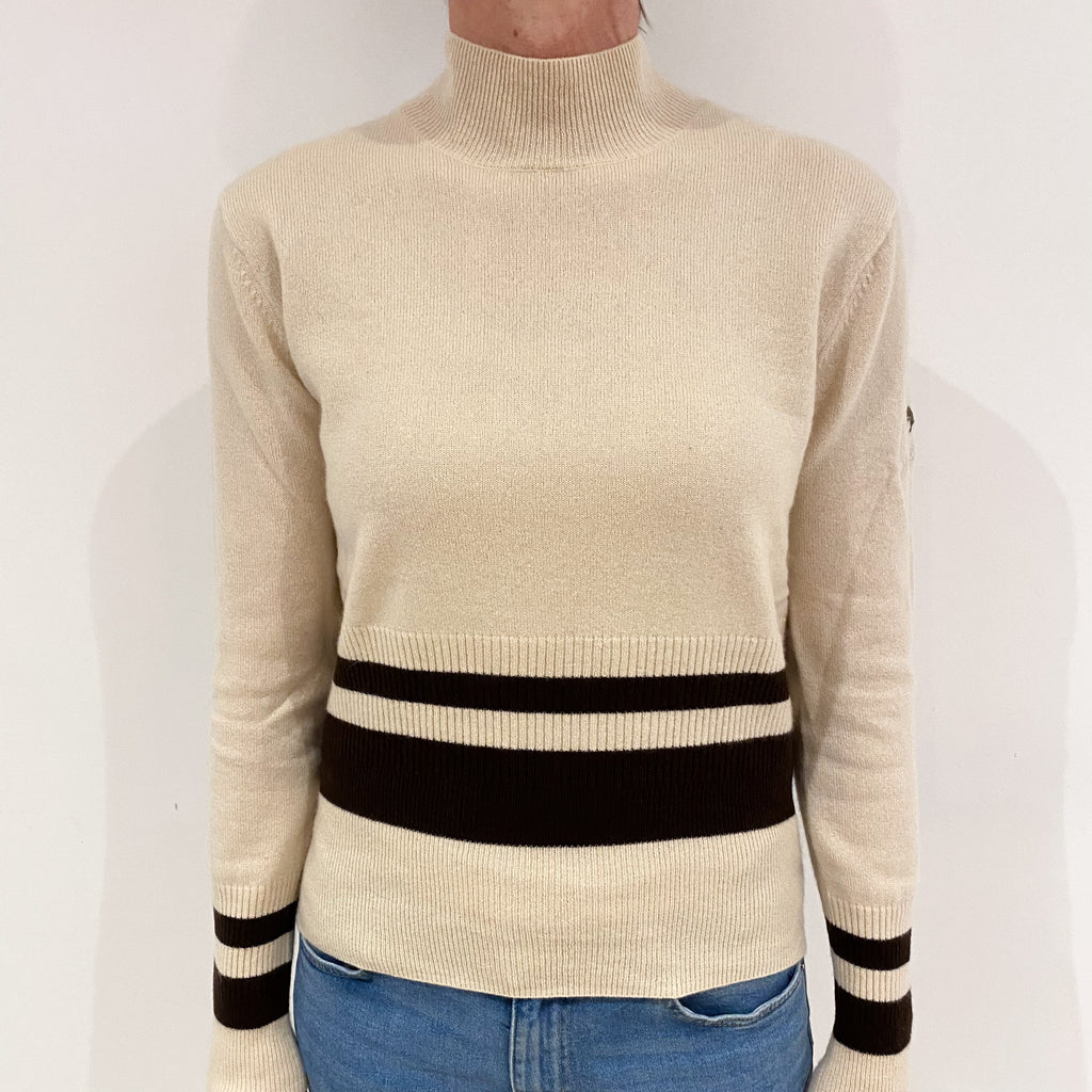 Soft Beige Striped Cashmere Turtle Neck Jumper Small