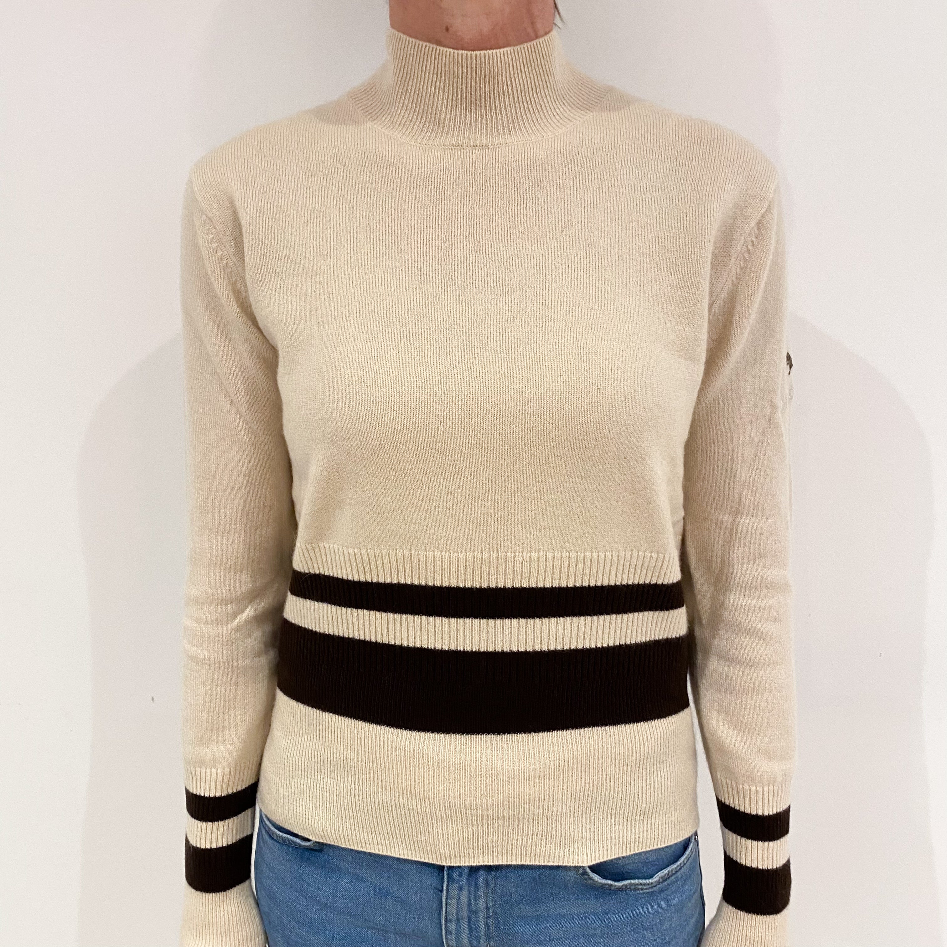 Soft Beige Striped Cashmere Turtle Neck Jumper Small