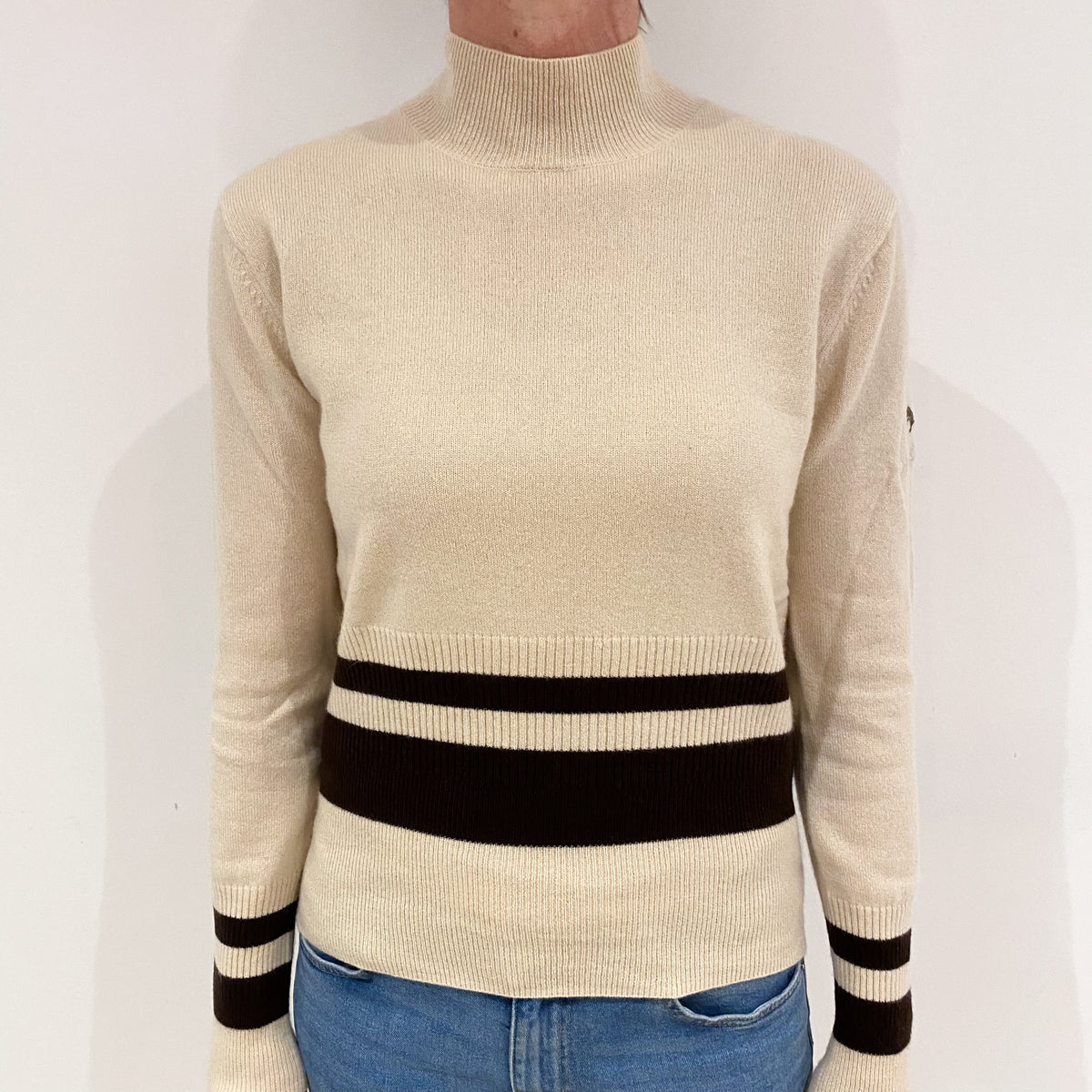 Soft Beige Striped Cashmere Turtle Neck Jumper Small