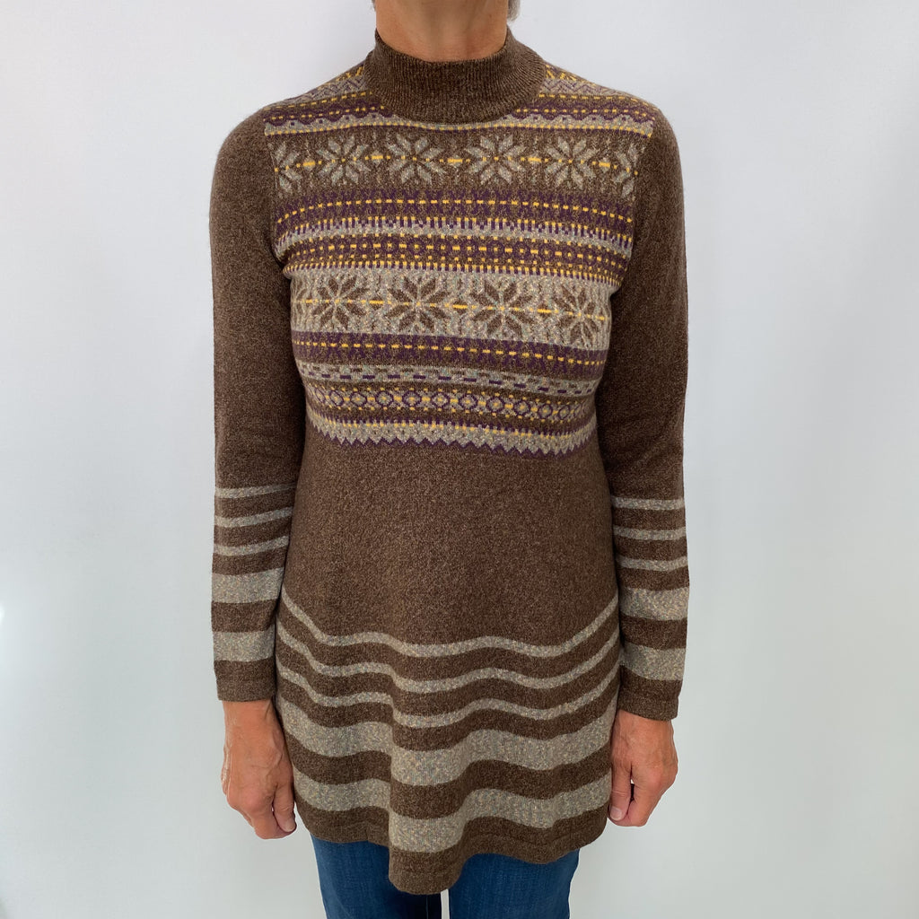 Mocha Fair Isle Cashmere Turtle Neck Cardigan Medium
