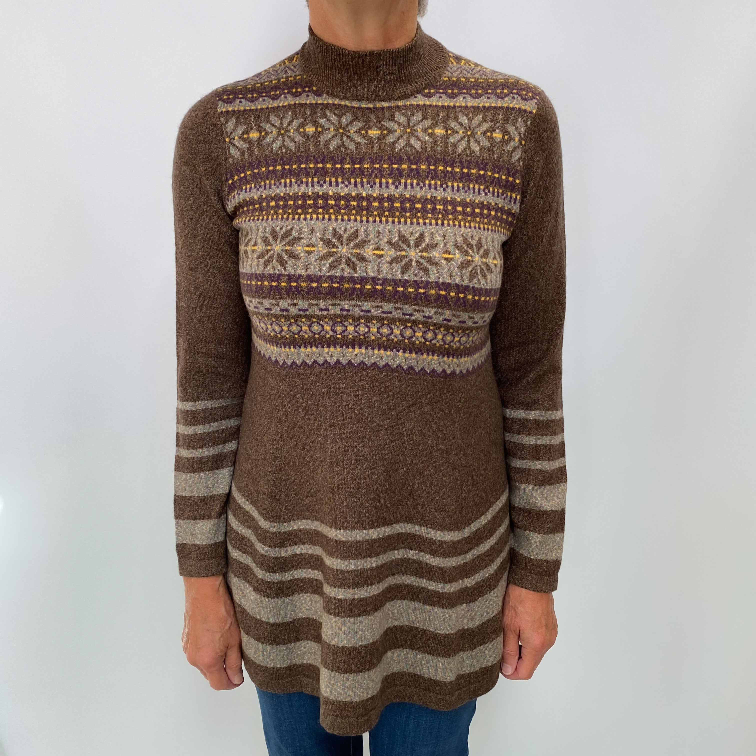 Mocha Fair Isle Cashmere Turtle Neck Cardigan Medium