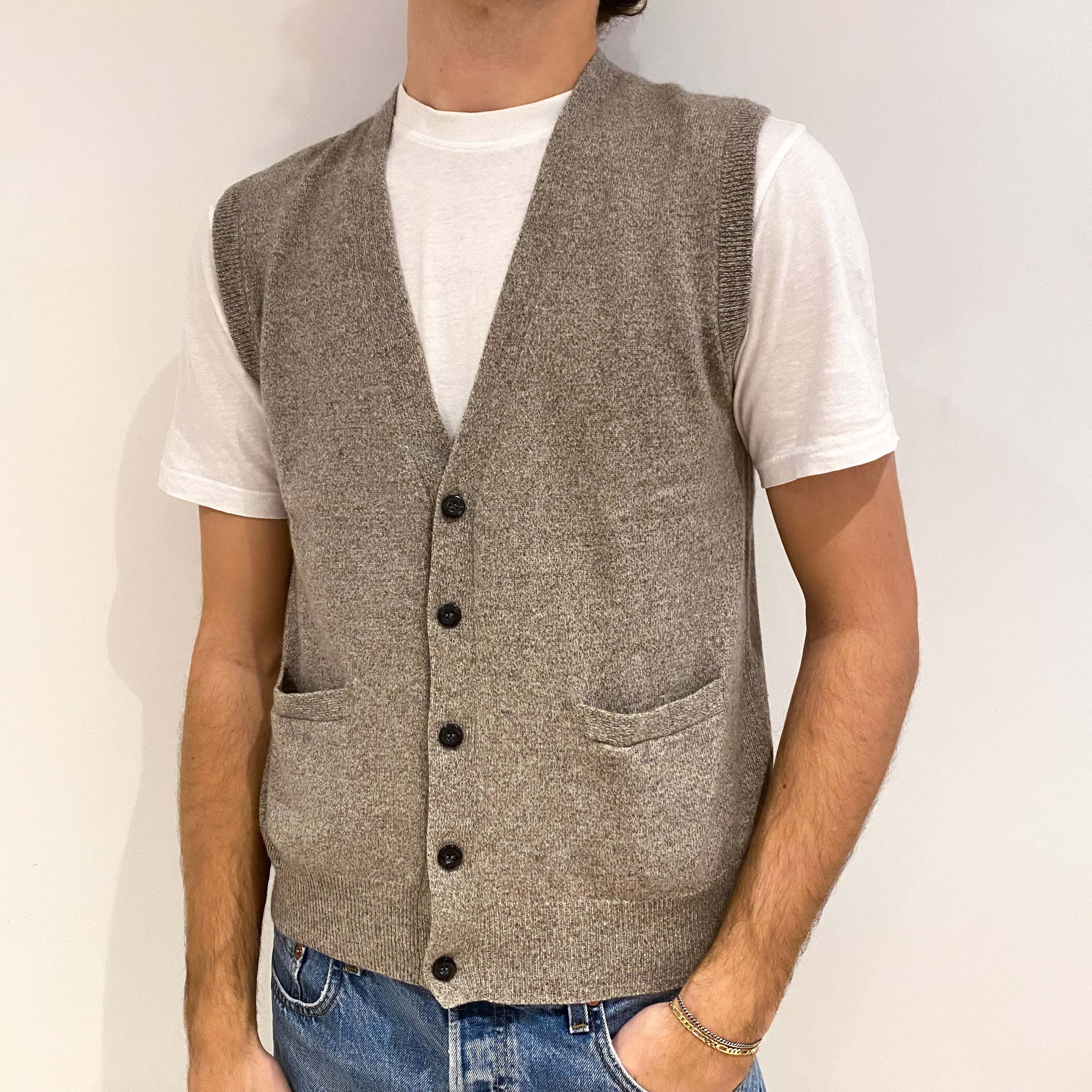 Men's Taupe Marl Cashmere V Neck Gilet with Pockets Medium