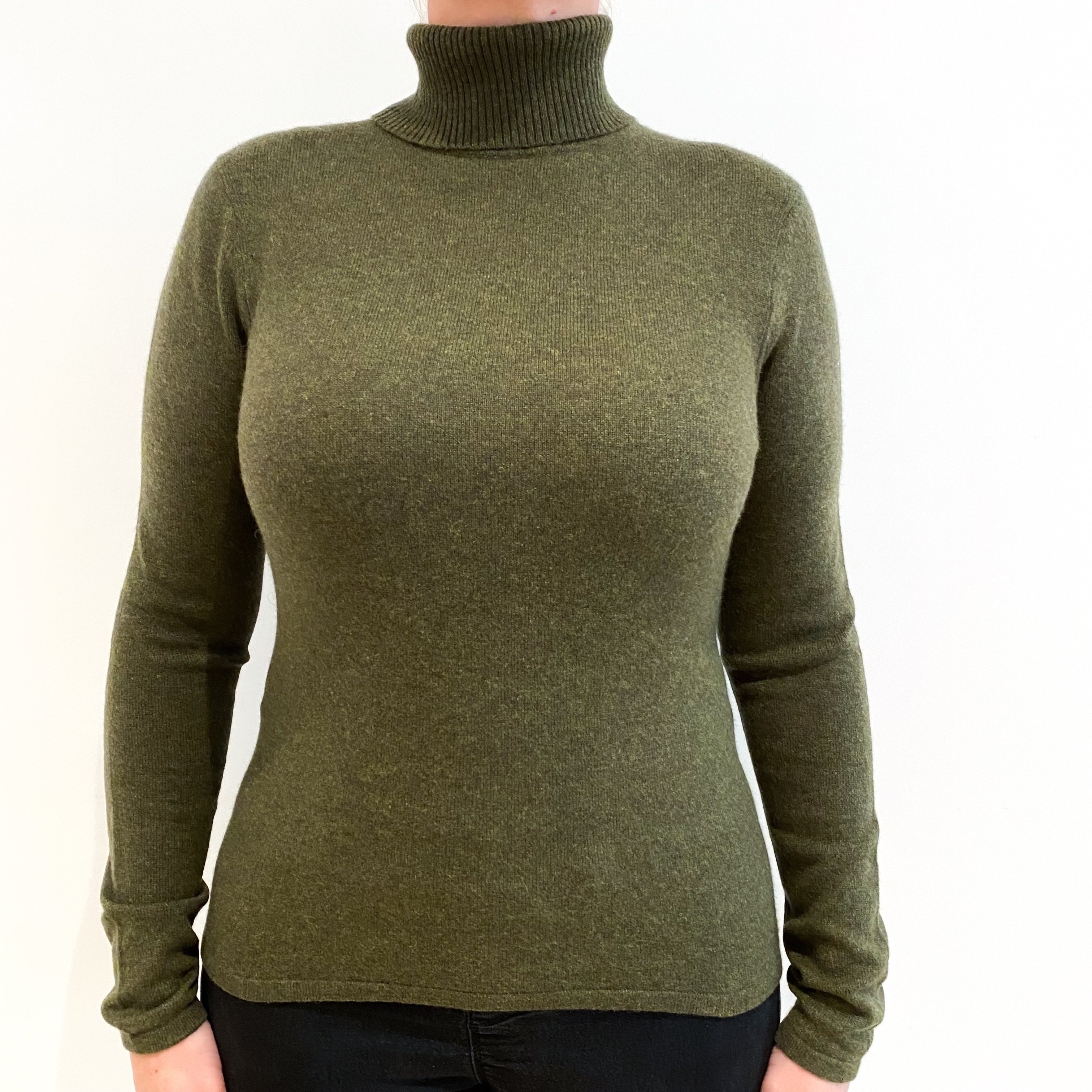 Deep Khaki Green Cashmere Polo Neck Jumper Large