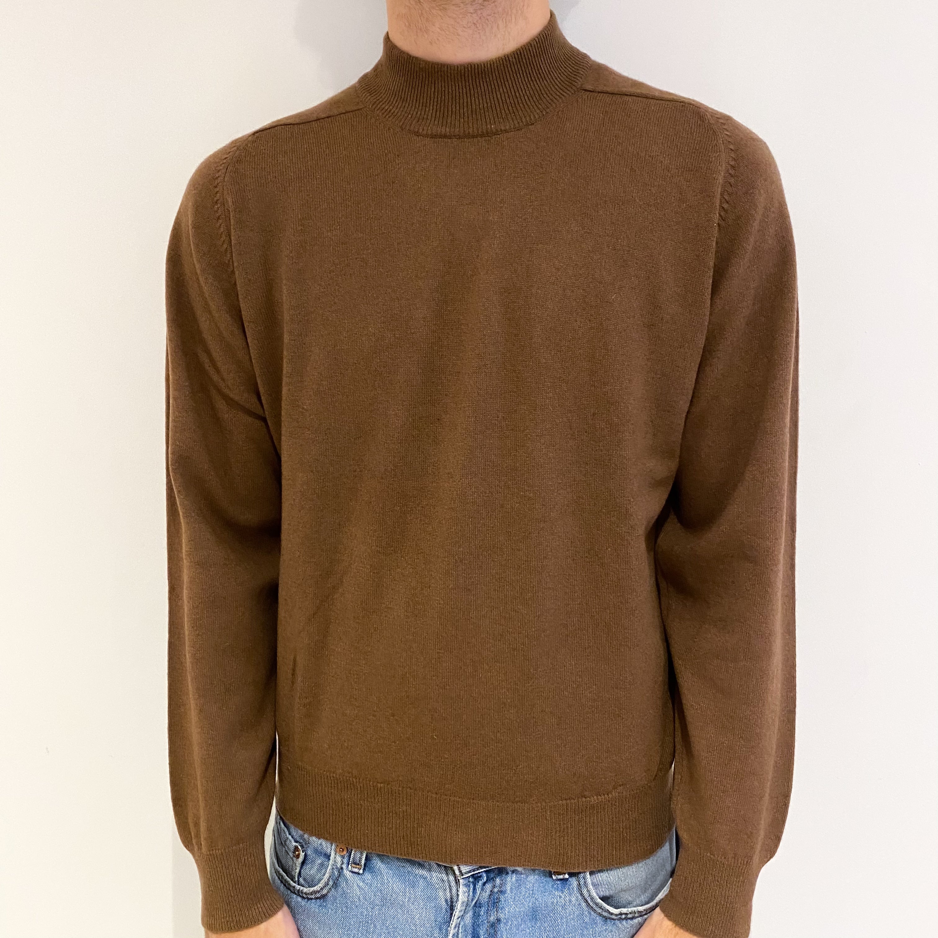 Men's Toffee Brown Cashmere Turtle Neck Jumper Large