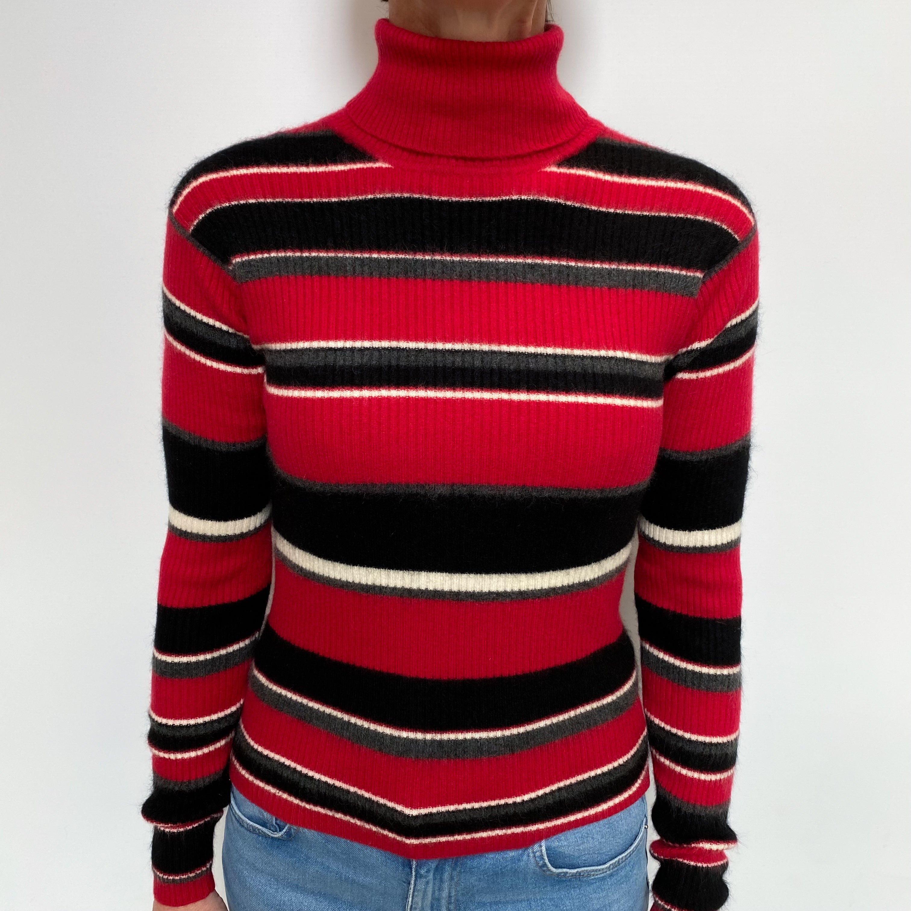 Berry Red Striped Cashmere Polo Neck Jumper Small