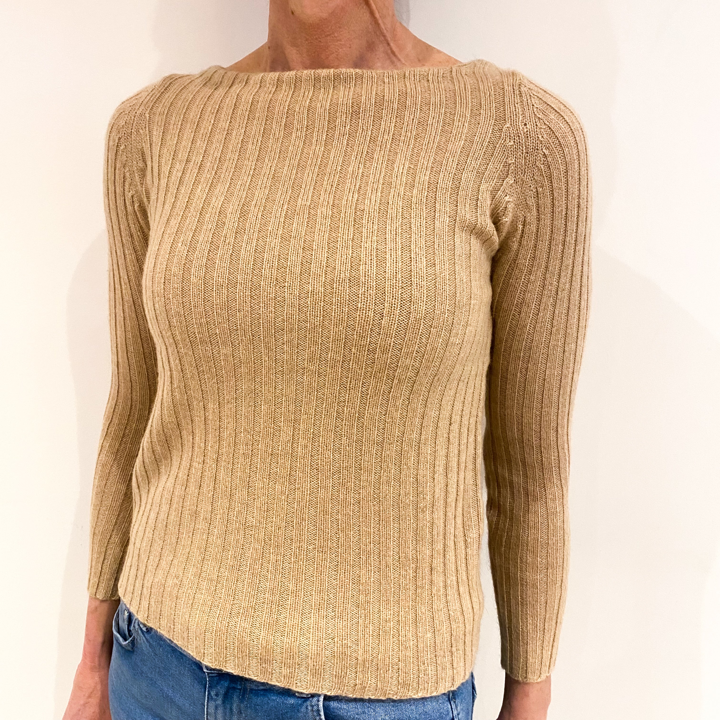 Honey Beige Cashmere Slash Neck Jumper Small