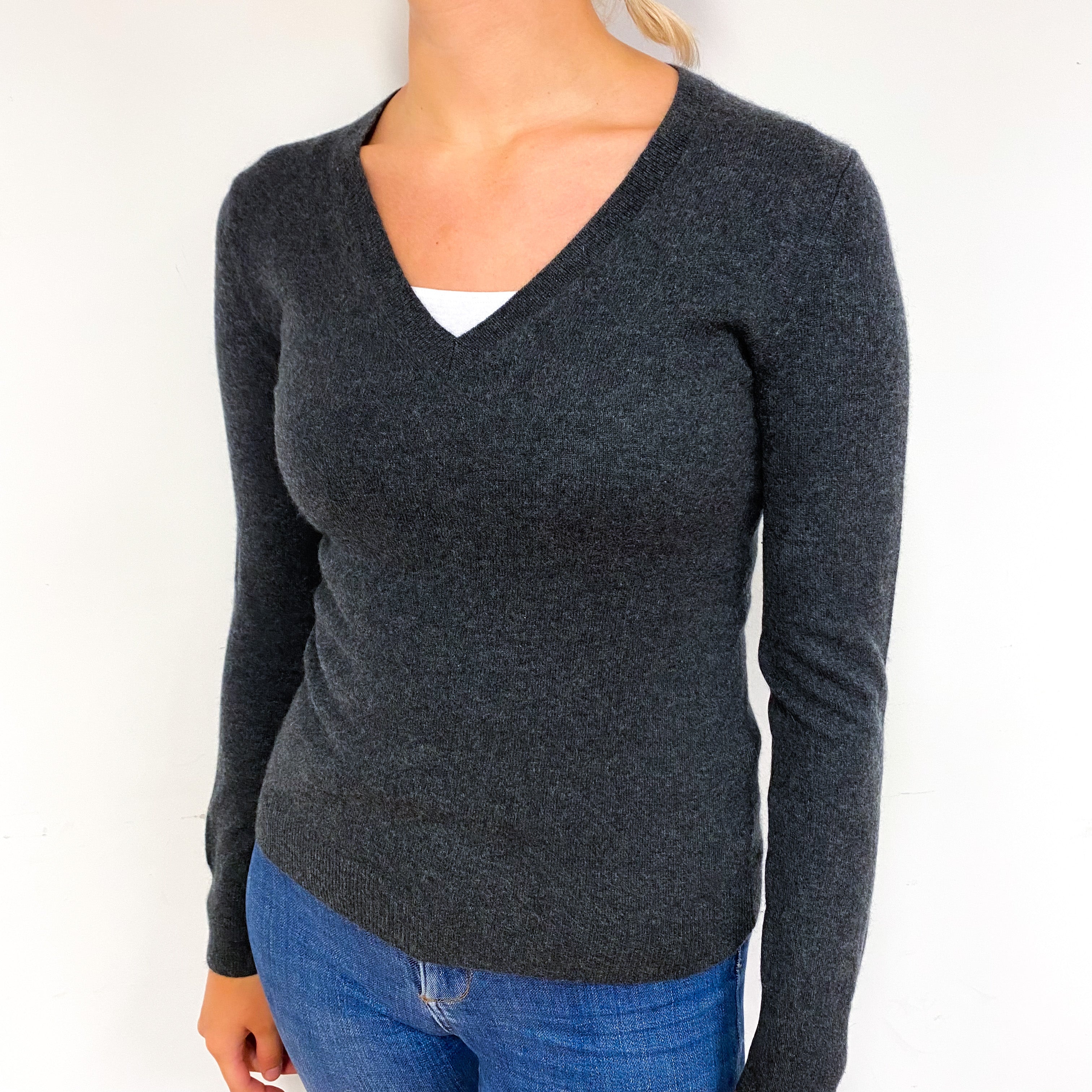 Slate Grey Cashmere V-Neck Jumper Small