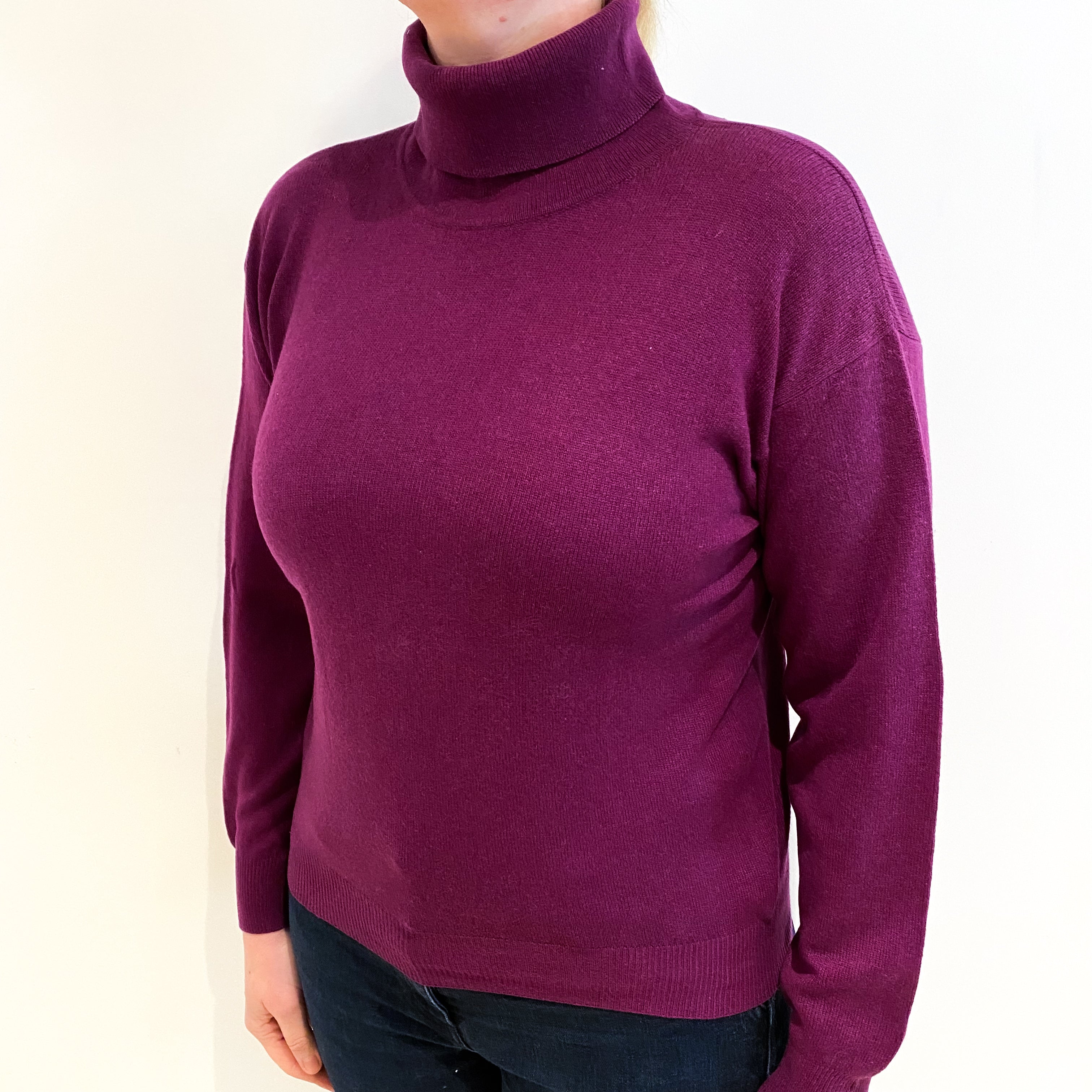 Plum Purple Cashmere Polo Neck Jumper Large