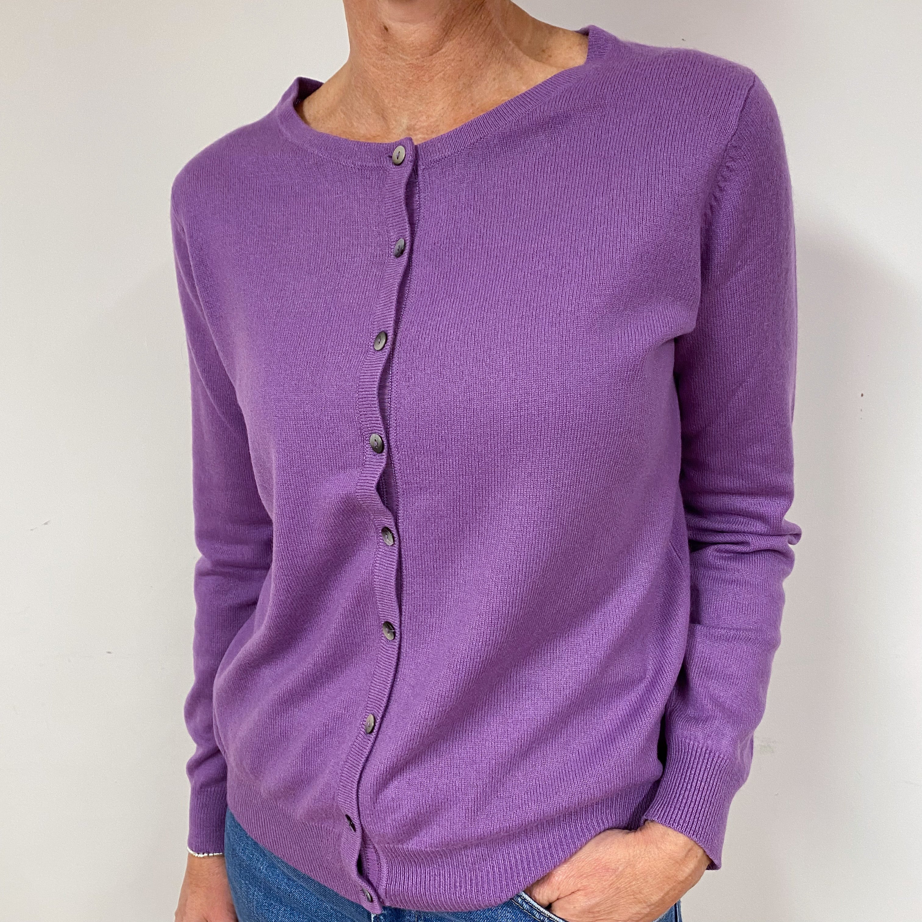 Wisteria Purple Cashmere Crew Neck Cardigan Medium