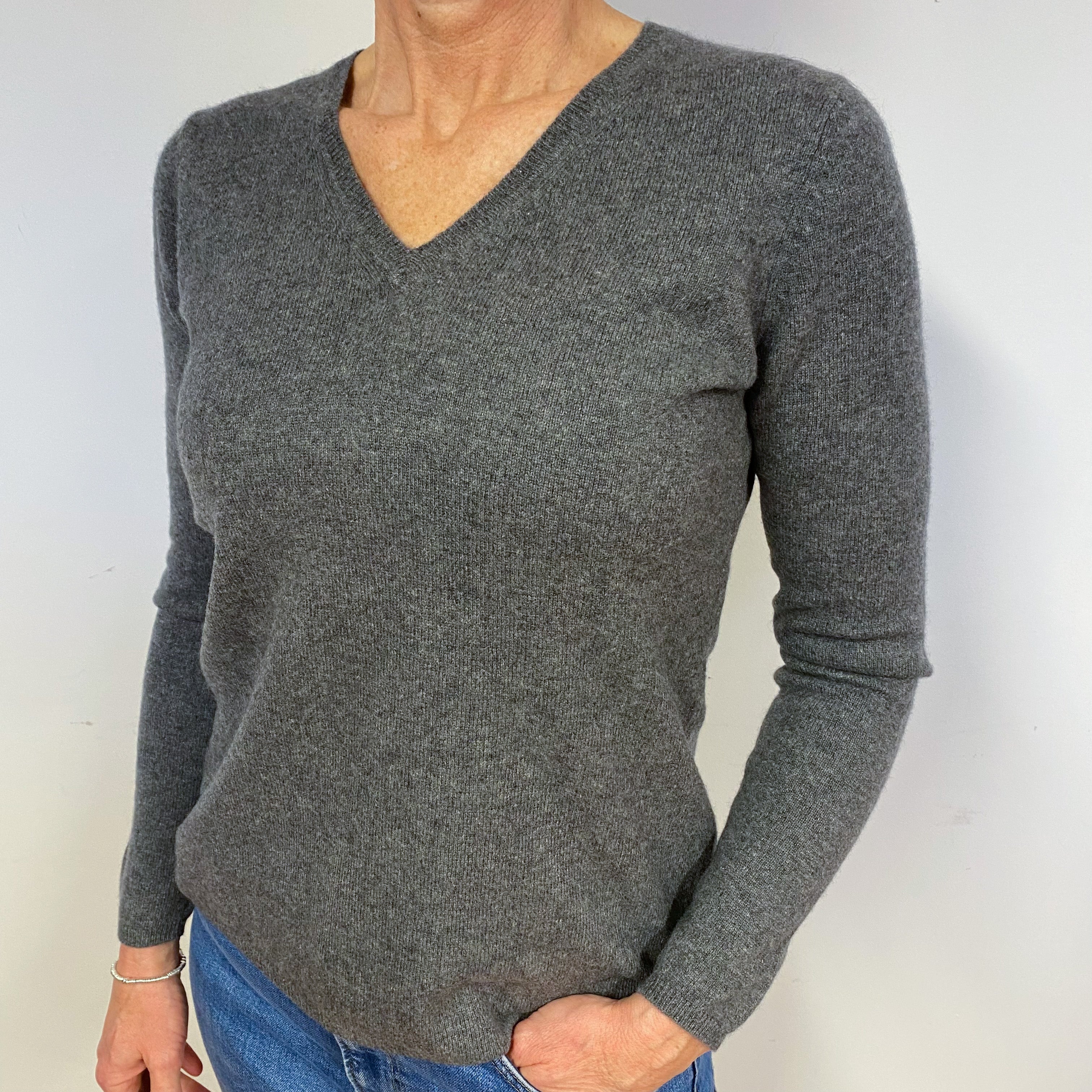 Slate Grey Cashmere V-Neck Jumper Medium