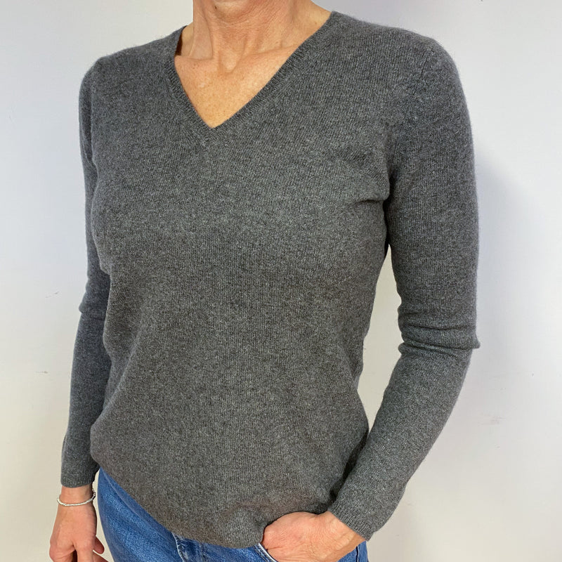 Slate Grey Cashmere V-Neck Jumper Medium