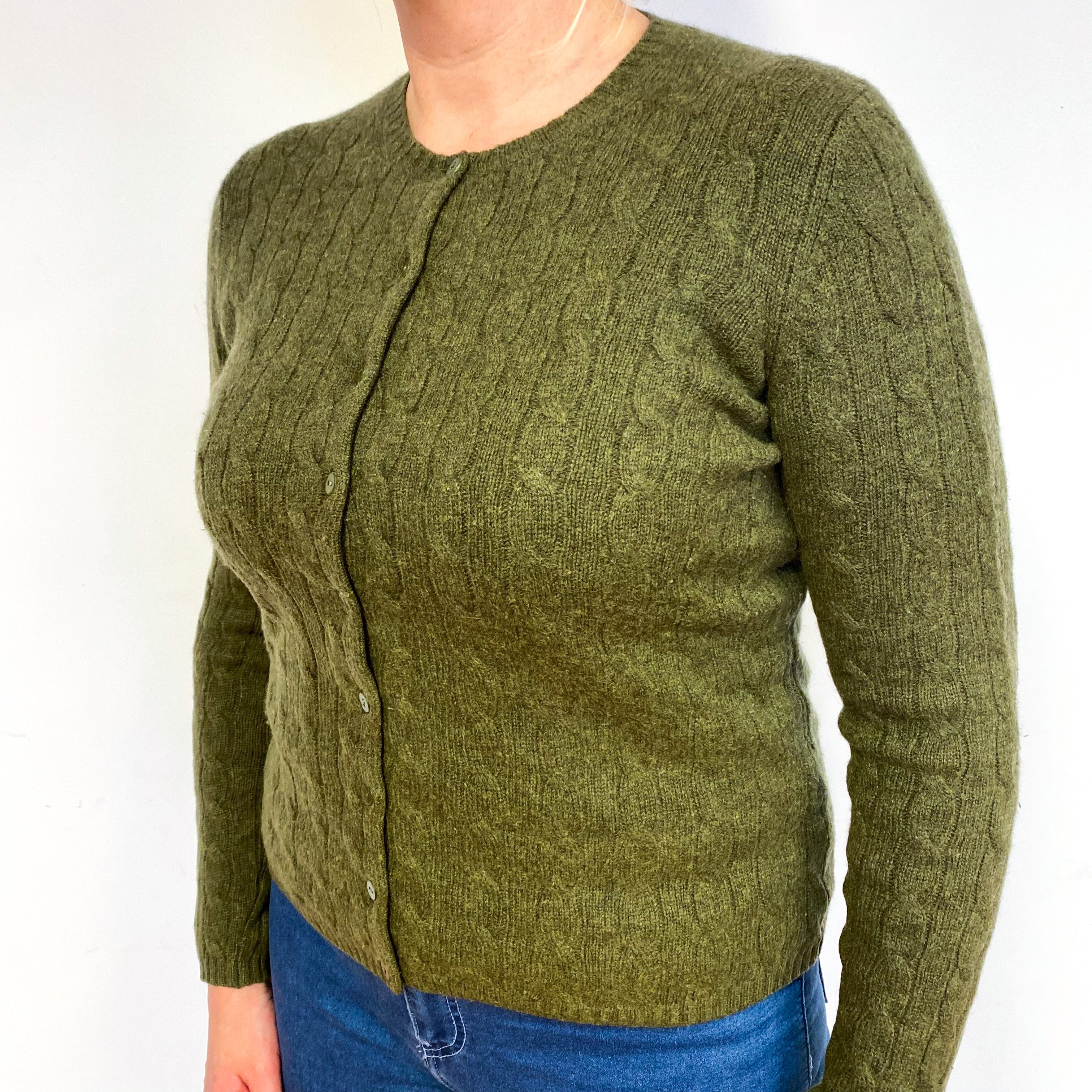 Moss Green Cable Cashmere Crew Neck Cardigan Large