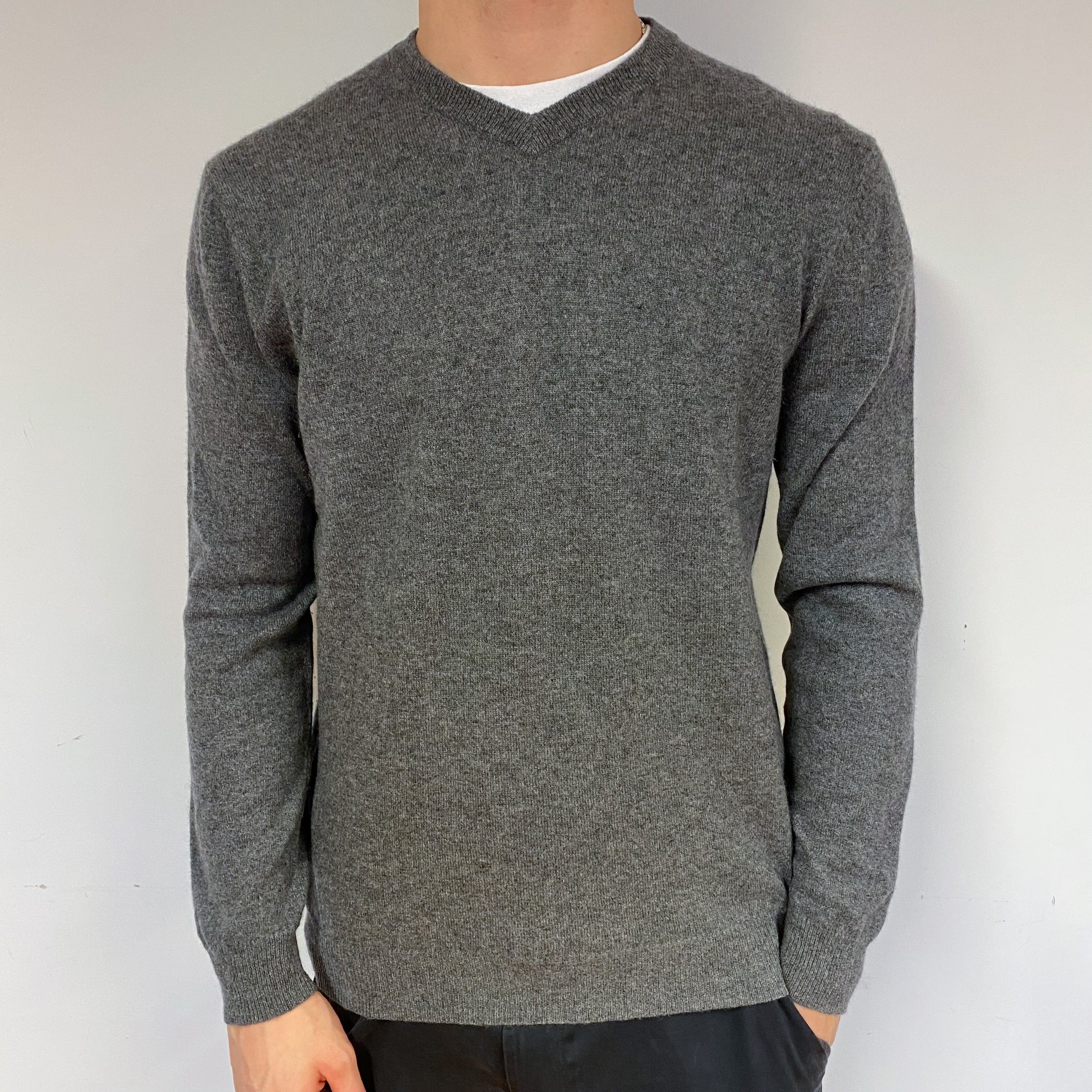 Men's Slate Grey Cashmere V-Neck Jumper Medium
