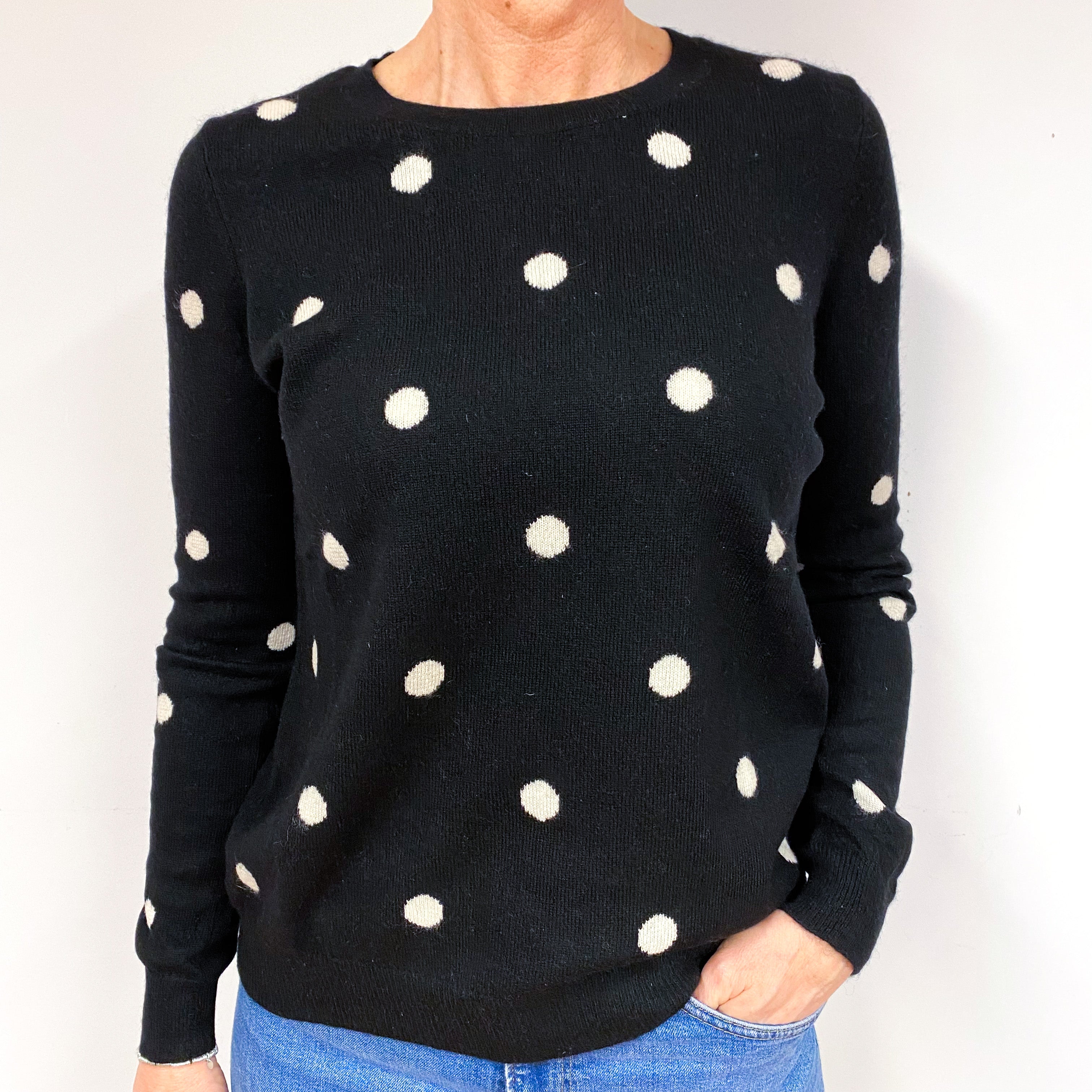 Black Cream Spot Cashmere Crew Neck Jumper Medium