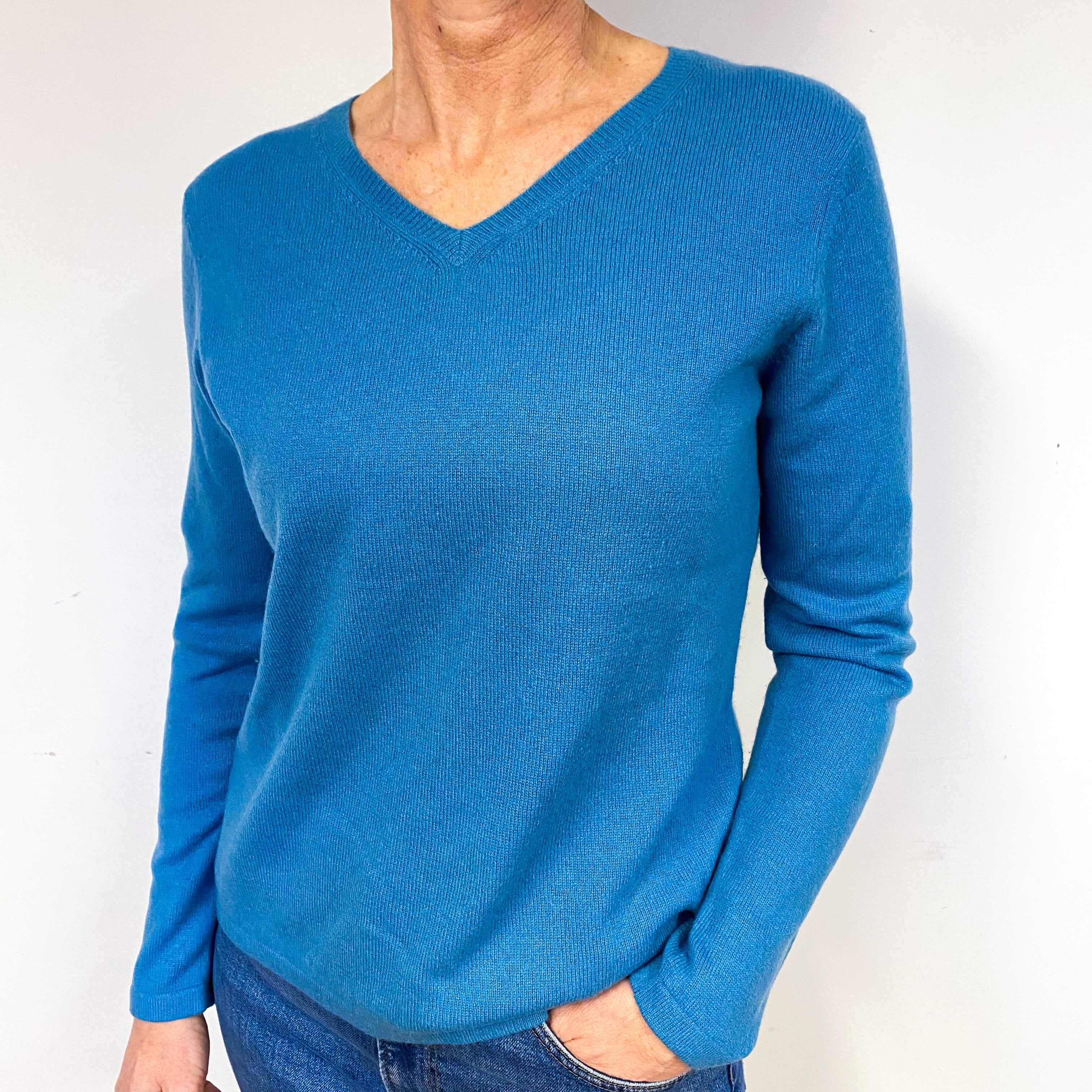Ocean Blue Cashmere V-Neck Jumper Medium