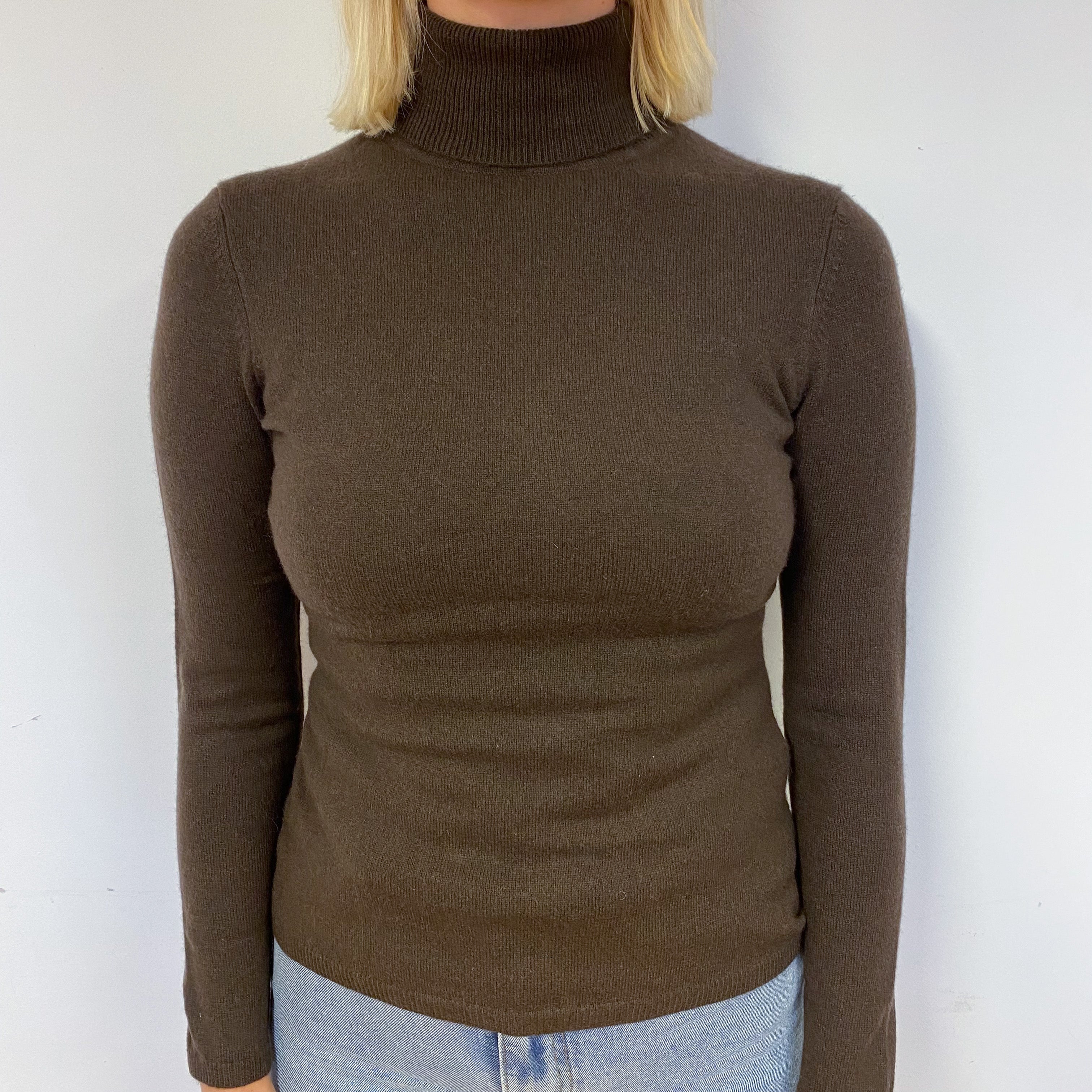 Dark Chocolate Brown Cashmere Polo Neck Jumper Small