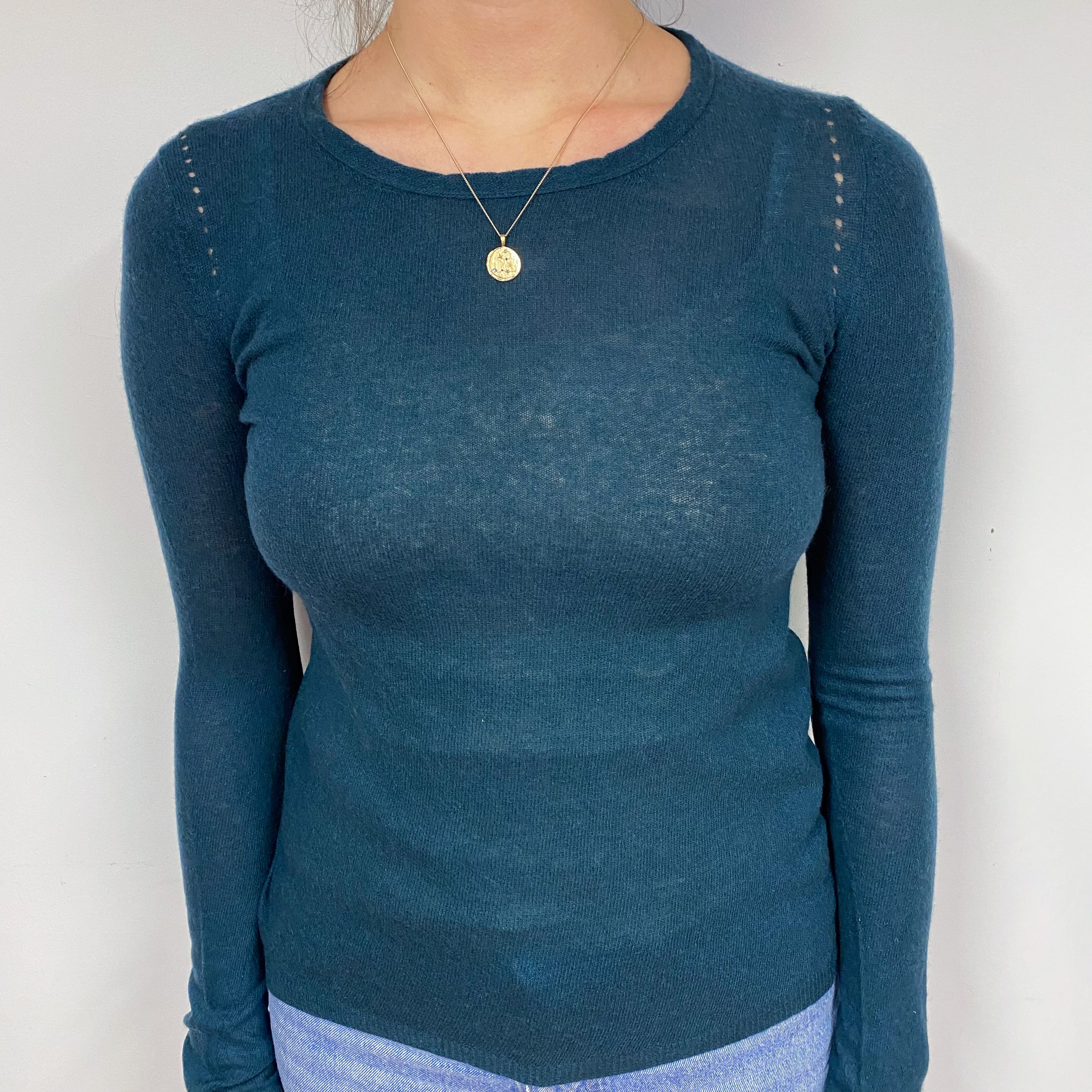 Lightweight Petrol Blue Cashmere Crew Neck Jumper Small