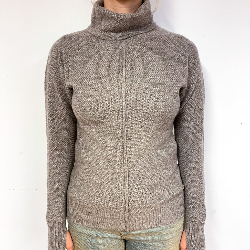 Taupe Brown Waffle Cashmere Polo Neck Jumper Small