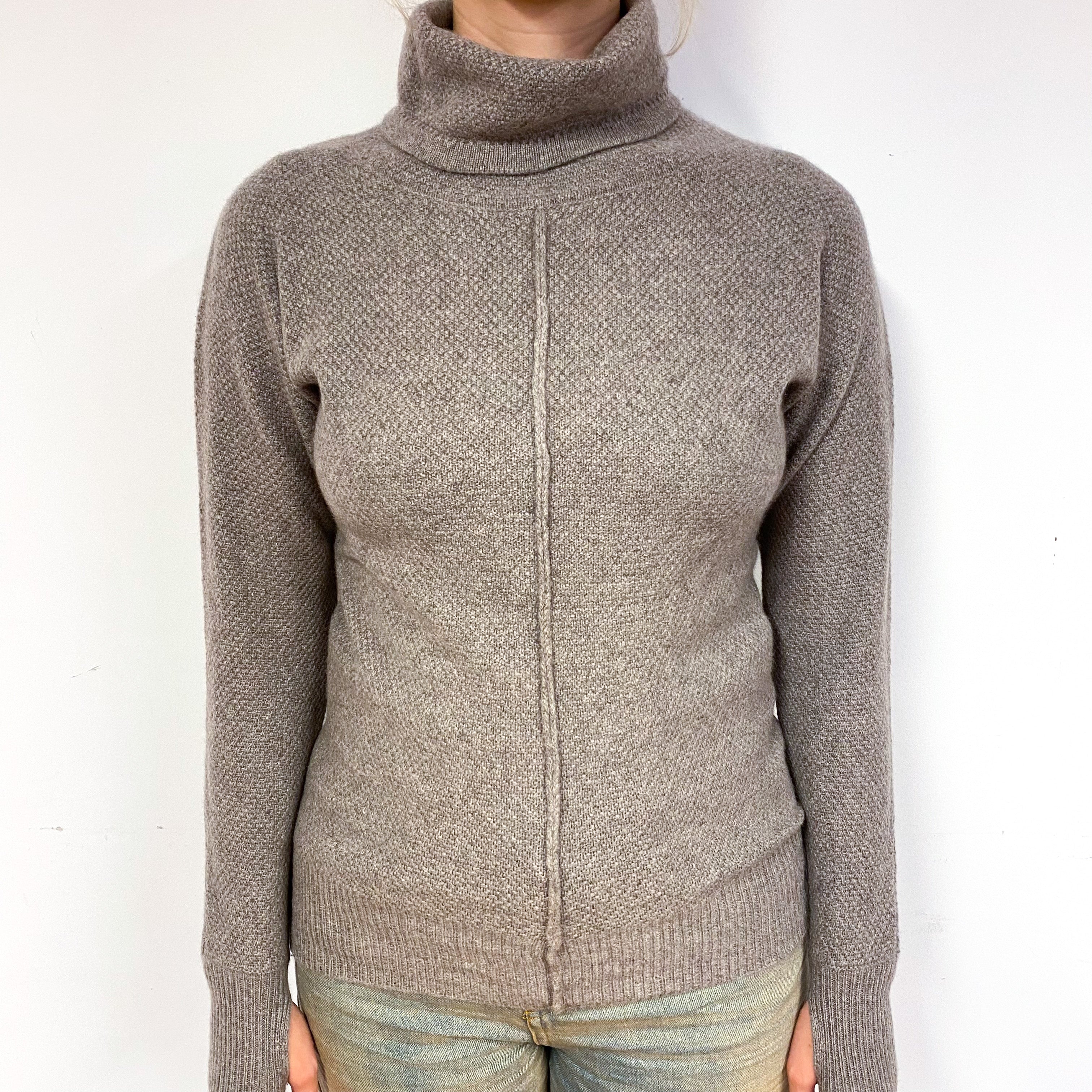Taupe Brown Waffle Cashmere Polo Neck Jumper Small