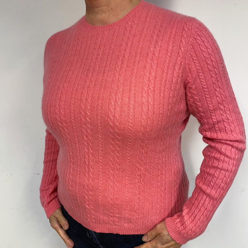 Coral Pink Cable Knit Cashmere Crew Neck Jumper Large