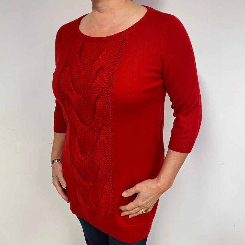 Red Cable Longline Cashmere Crew Neck Jumper Large