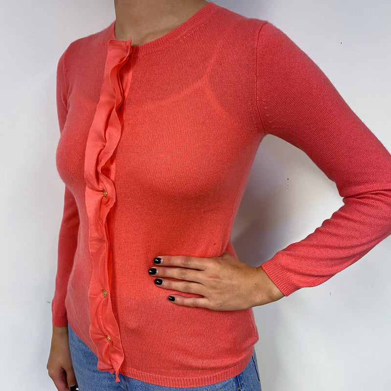 Deep Coral Pink Cashmere Crew Neck Cardigan Small