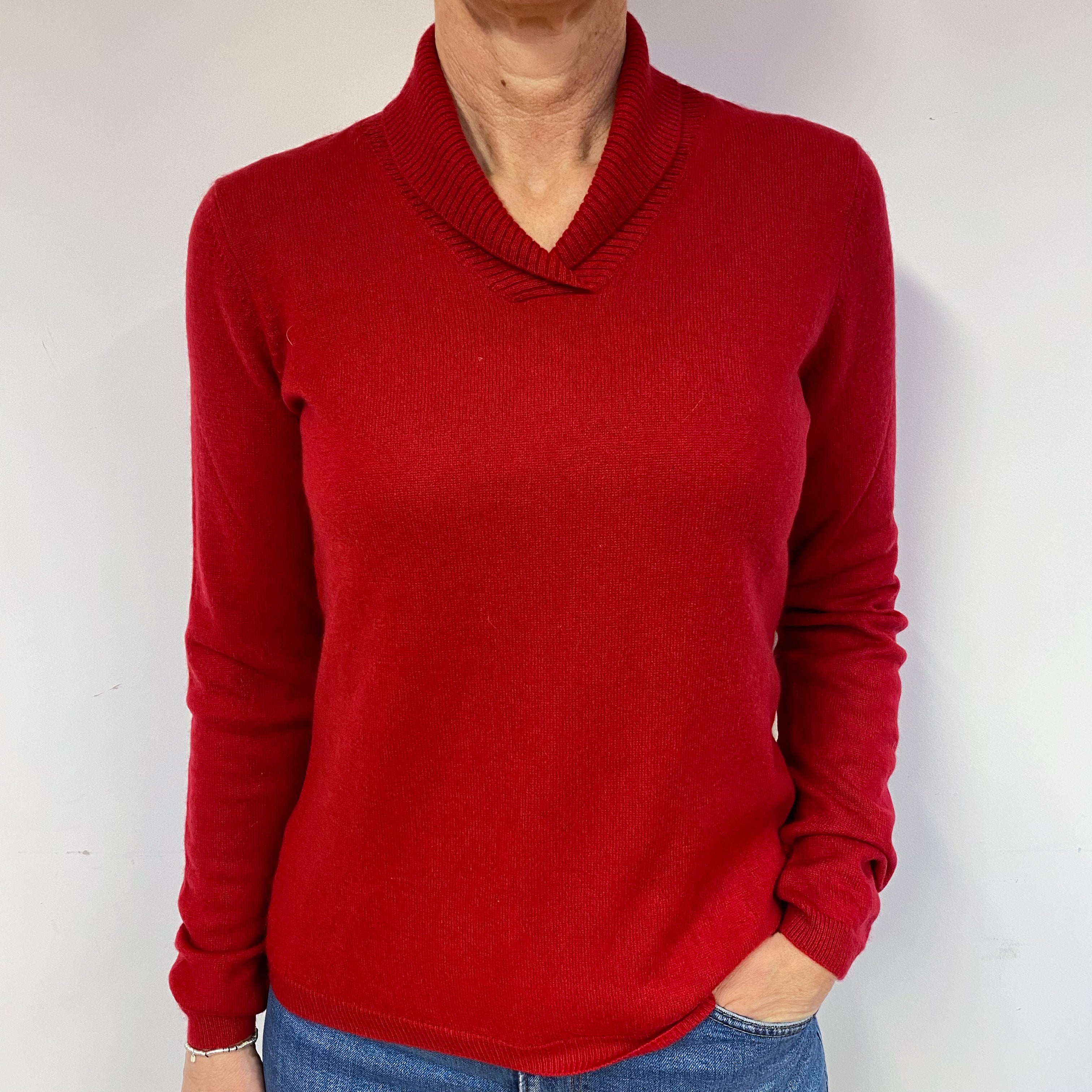 Red Shawl Collar Cashmere V-Neck Jumper Medium