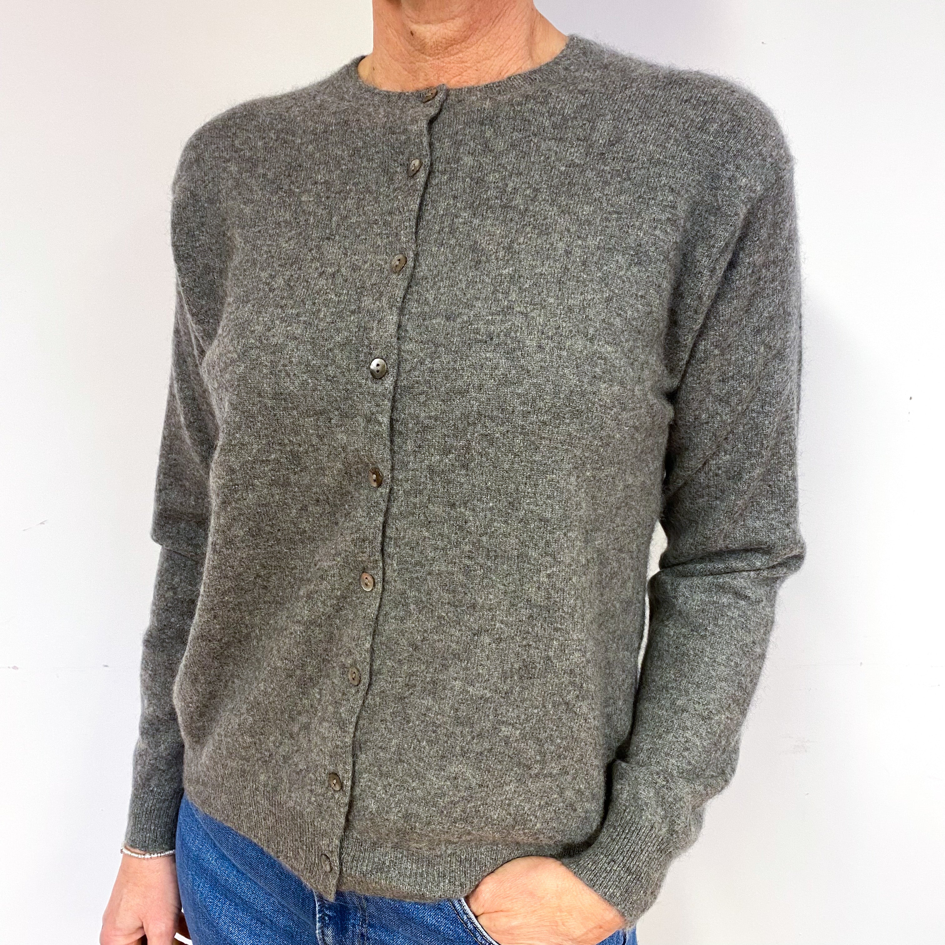 Slate Grey Cashmere Crew Neck Cardigan Medium