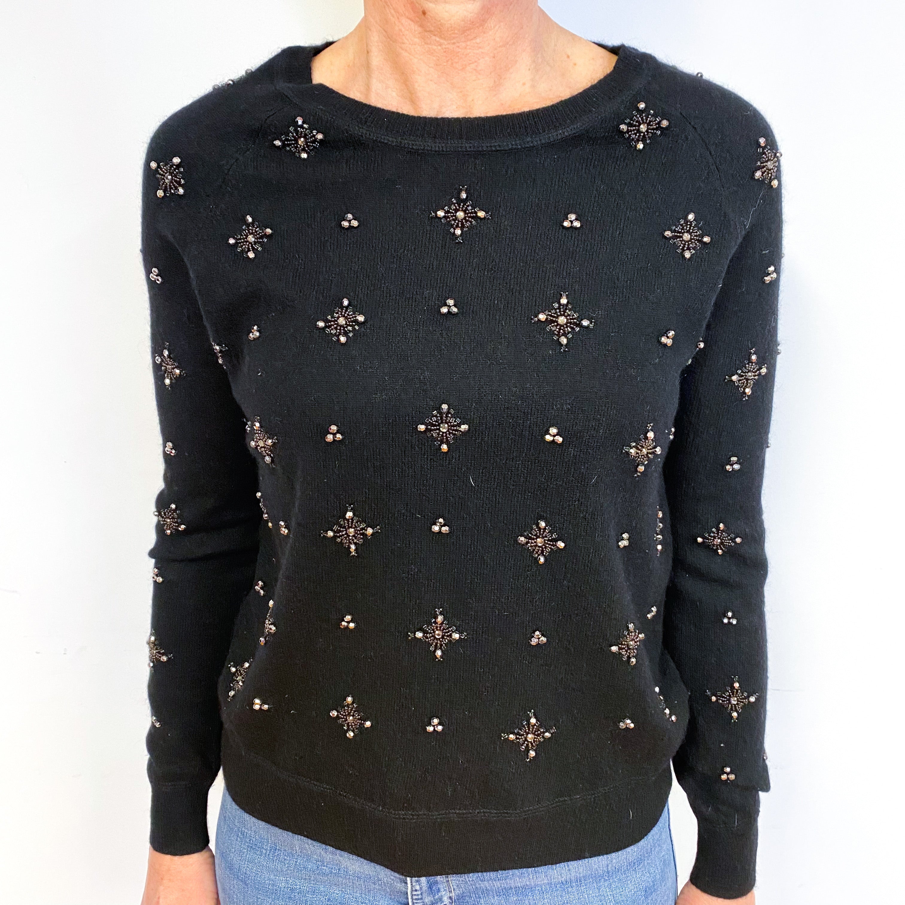 Black Embellished Cashmere Crew Neck Jumper Medium