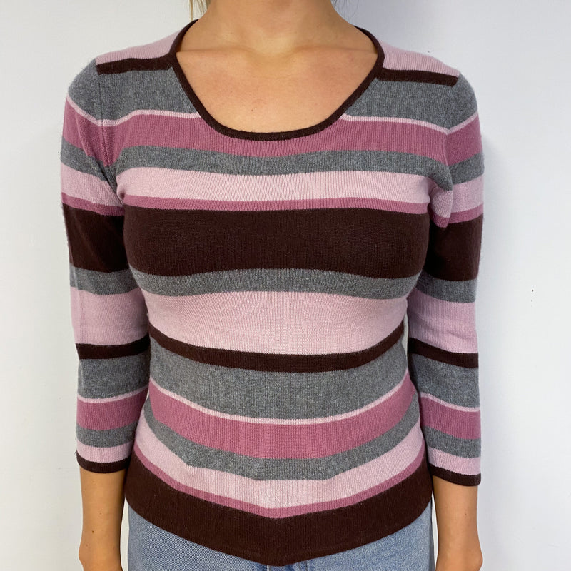 Pink and Grey Striped Cashmere Crew Neck Jumper Small
