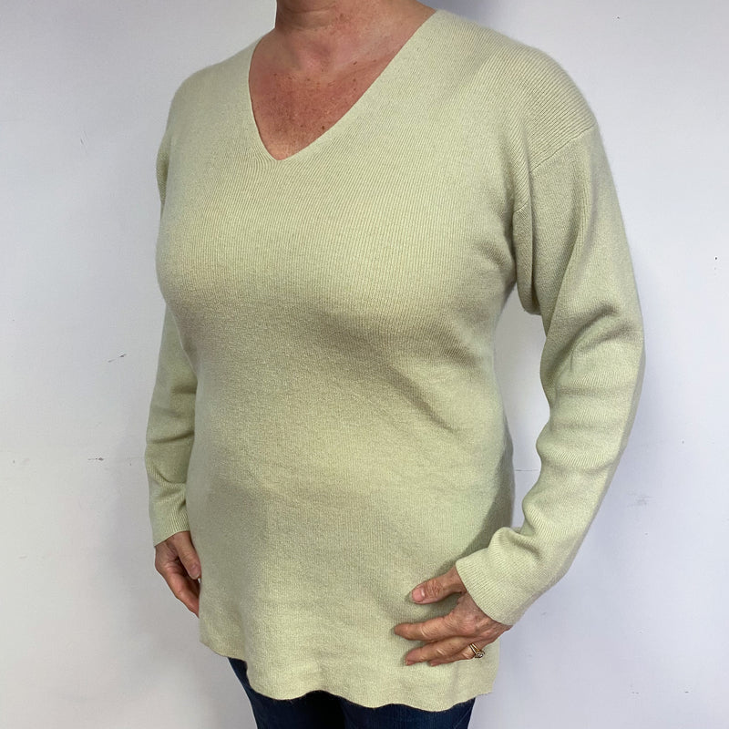 Celery Green Cashmere V-Neck Jumper Large