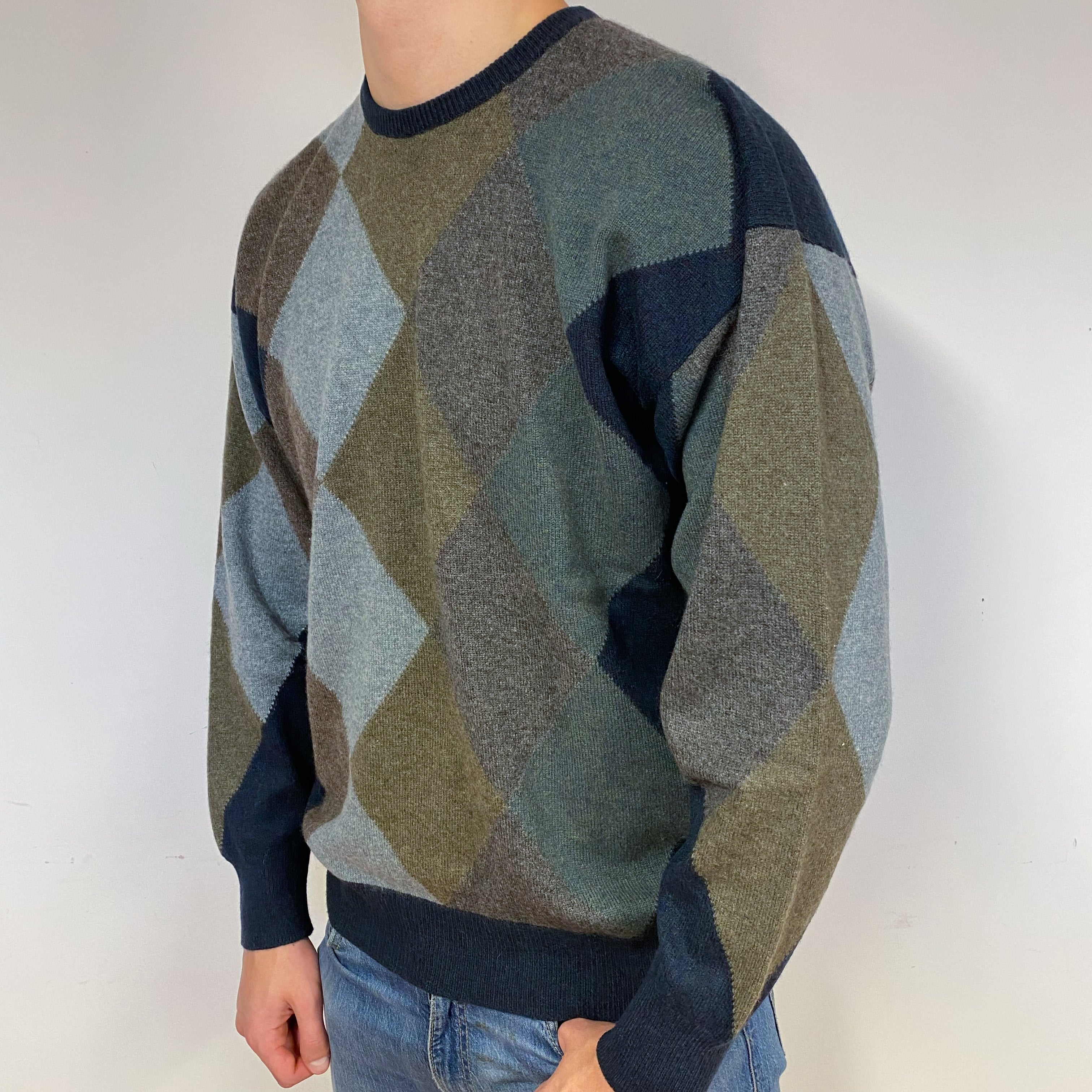 Men's Scotch Blue Diamond Cashmere Crew Neck Jumper Extra Large