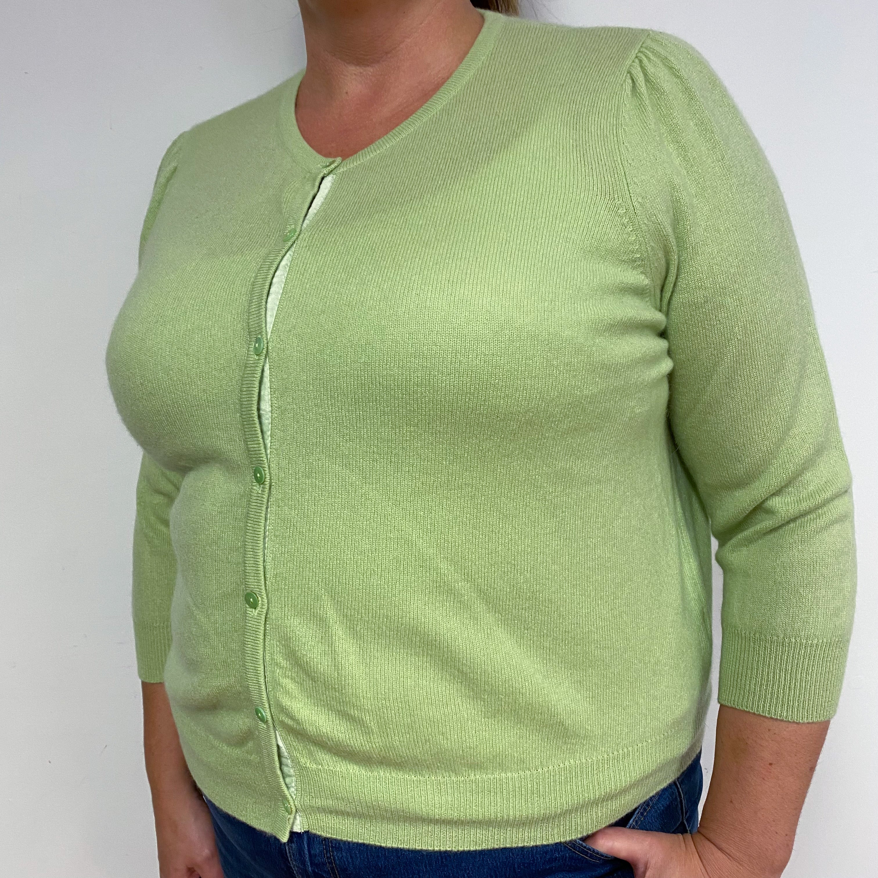 Lime Green Cashmere Crew Neck Cardigan Extra Large