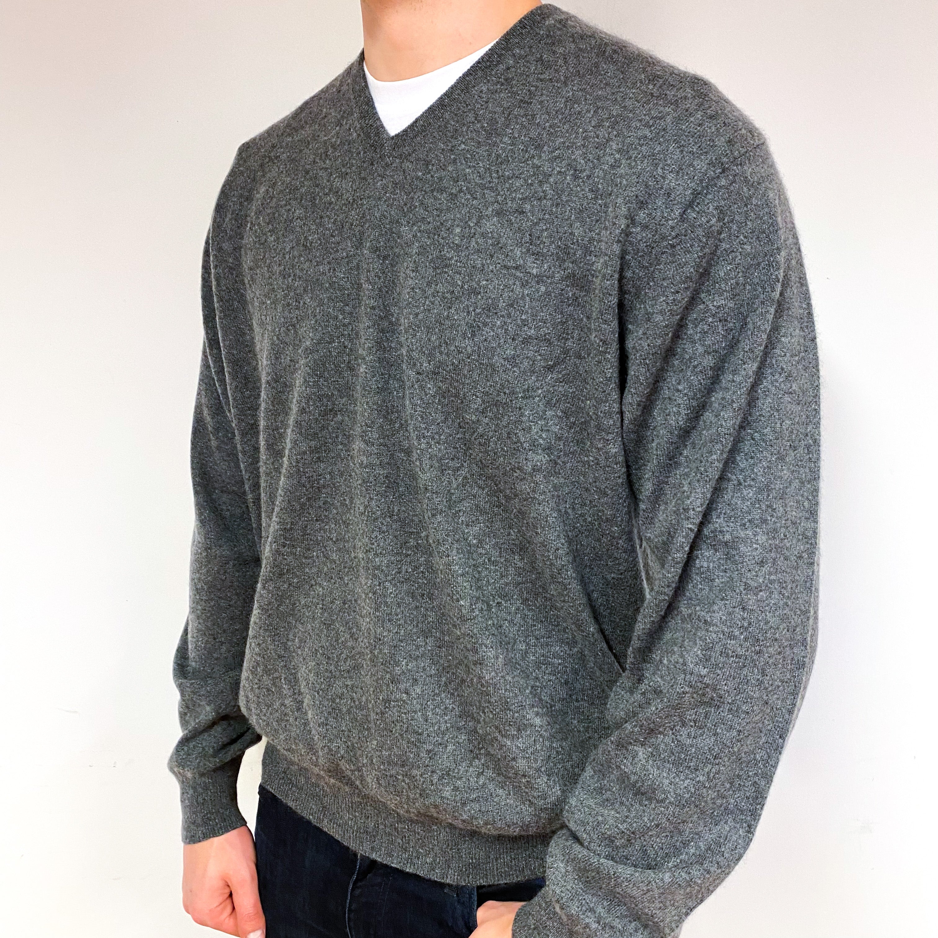 Men's Ash Grey Cashmere V-Neck Jumper Extra Large