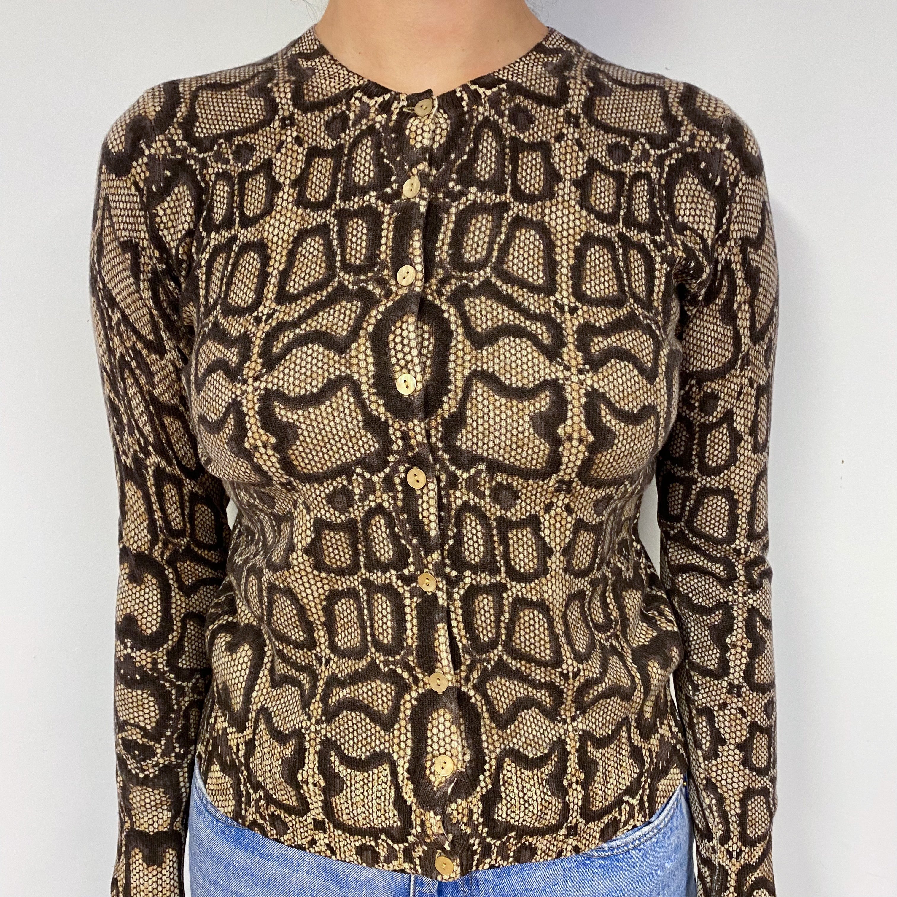 Brown Snake Print Cashmere Crew Neck Cardigan Small